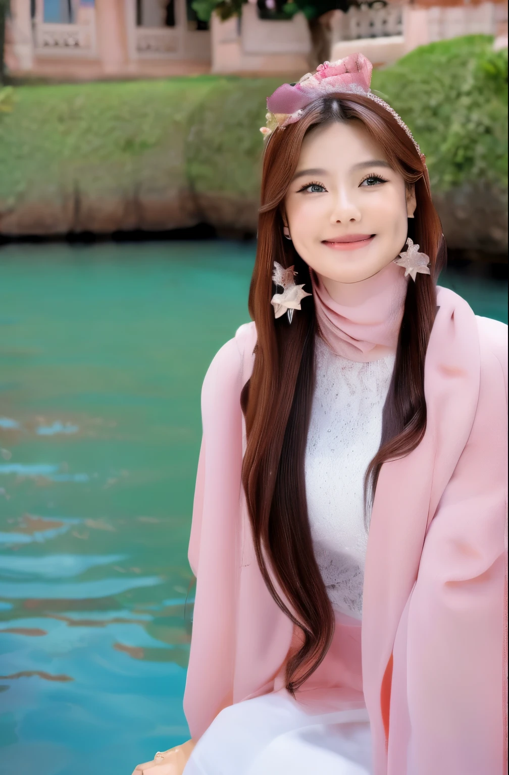 best quality,masterpiece,8k wallpaper,asiam face chubby big tits and big ass, highres, ultra detailed, (1 young beautiful girl, solo:1.1),long hair, pink hair, big breasts, asian girl chubby, blue eyes, earrings, jewelry, large breasts, midriff, navel,smile,scales, cleavage, skirt, lamia, hair rings, hair ornament, mermaid,ocean, star_\(sky\), water,waves, BREAK