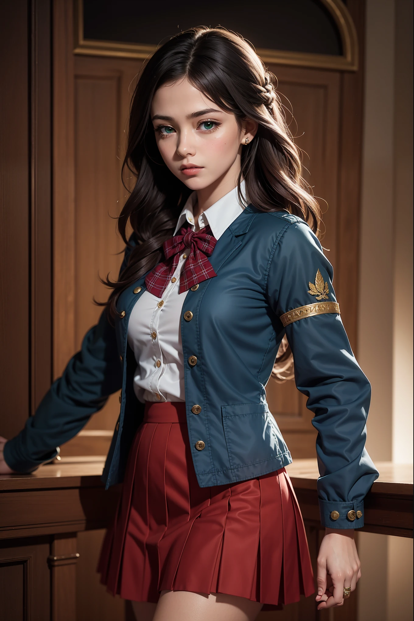 ((photorealism, high quality, detail, masterpiece, best quality:1.2)), (more than half of the body) A young girl from a fictional European medieval aristocracy, a student of the Academy of Magic, looks at us with seductive eyes... (she stands half-turned, holding her skirt with her hands), she is dressed in a student uniform, (dark blue) short jacket made of fabric (velvet) ((gold trim, patch on the sleeve)), (red) plaid (long) pleated skirt, (black) thick hair, side braid, green eyes. Magical atmosphere, Magic Academy, fantasy art, this work is done in very realistic colors.She is characterized by artistic expressiveness.