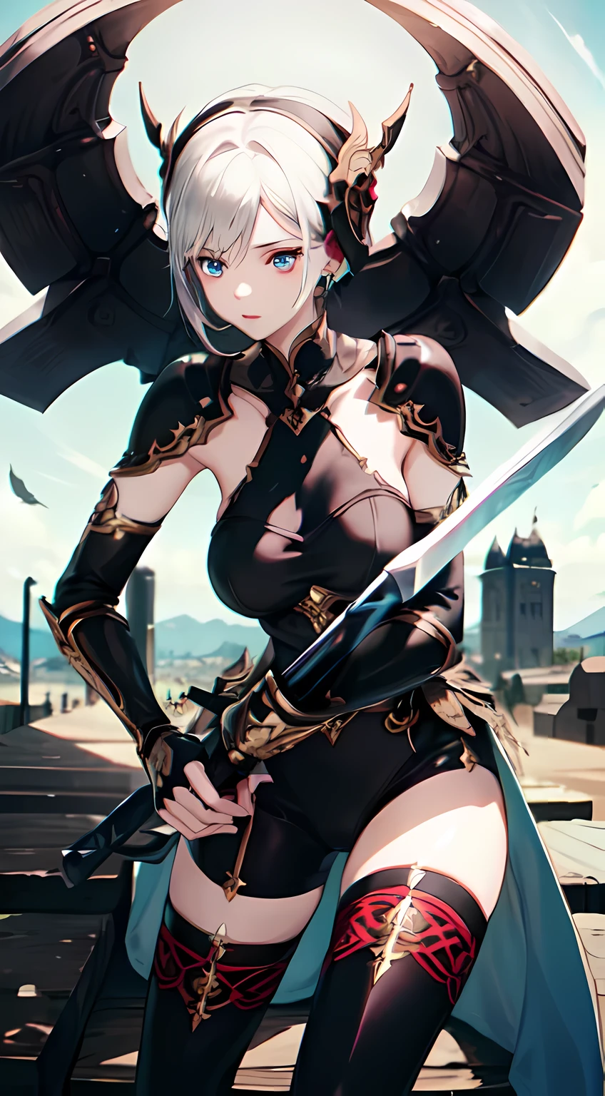 fantasy, 1girl,young_teen, ,silver_hair, short_hair, long_bangs, bare_shoulder,thighhighs,silver_armor, waist_armor, large_breasts,half_eyes,floating, bare_crotch, headgear,gauntlet, greaves,city_background,slightly_spread_legs, solo, groin_naked,hair_over_one_eye,