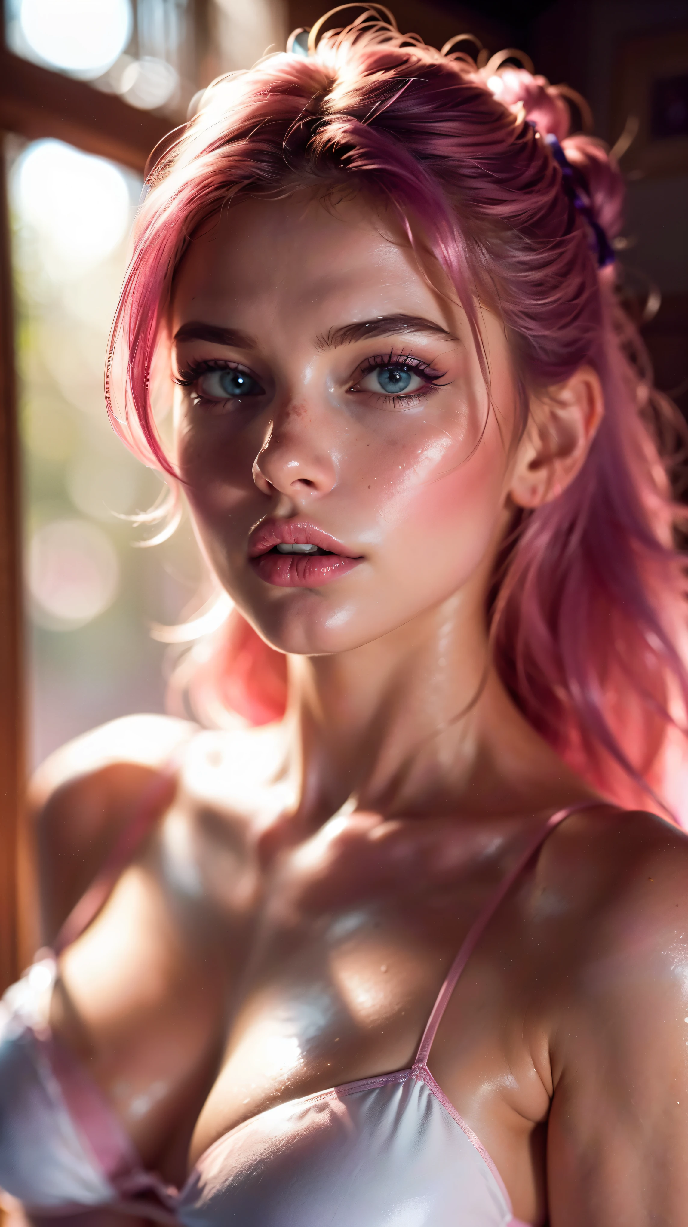 (((ultra realistic))) Photo, masterpiece, top quality, (pale skin), (Ultra detailed face and eyes:1.3), 1 girl, Adult, in a dress, ((Eye makeup, pink mascara)), ((large detailed lips)), ((Pink wavy hair)), ((Stylish hairstyle)) , (Natural breasts), (Slim waist),Slender legs. ((Posing)), photoshoot, (Soft) Lighting, (The play of light and shadows), depth of field, bokeh, (special attention to skin detail: 1.2), Detailed leather texture, skin pores. (Erotic atmosphere of the frame. Color range - purple, Pink, White tones), UDR, ((Film grain)), ((rays)), (Glare), ((full length photo)) , ultra detialed,