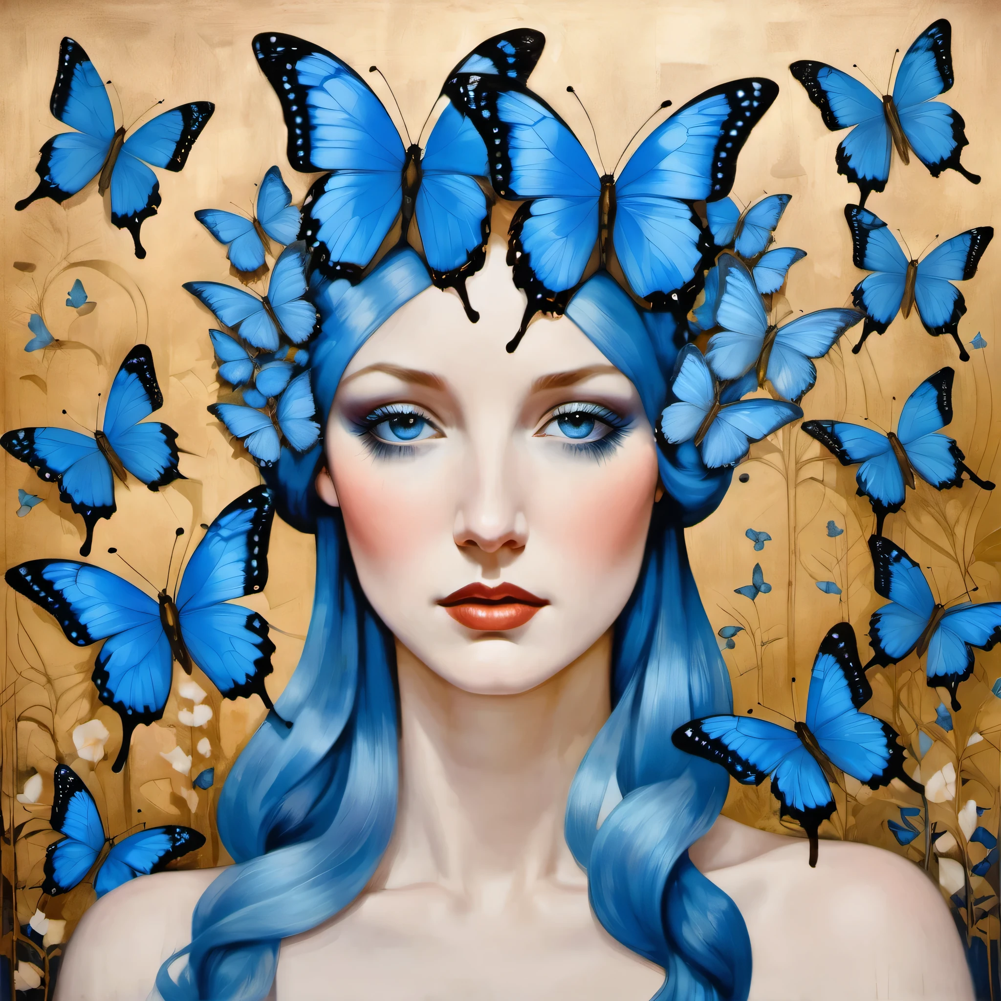 a painting of a woman with blue butterflies on her head, an art deco painting by Lucette Barker, behance, figurative art, pre-raphaelite, whimsical, art deco