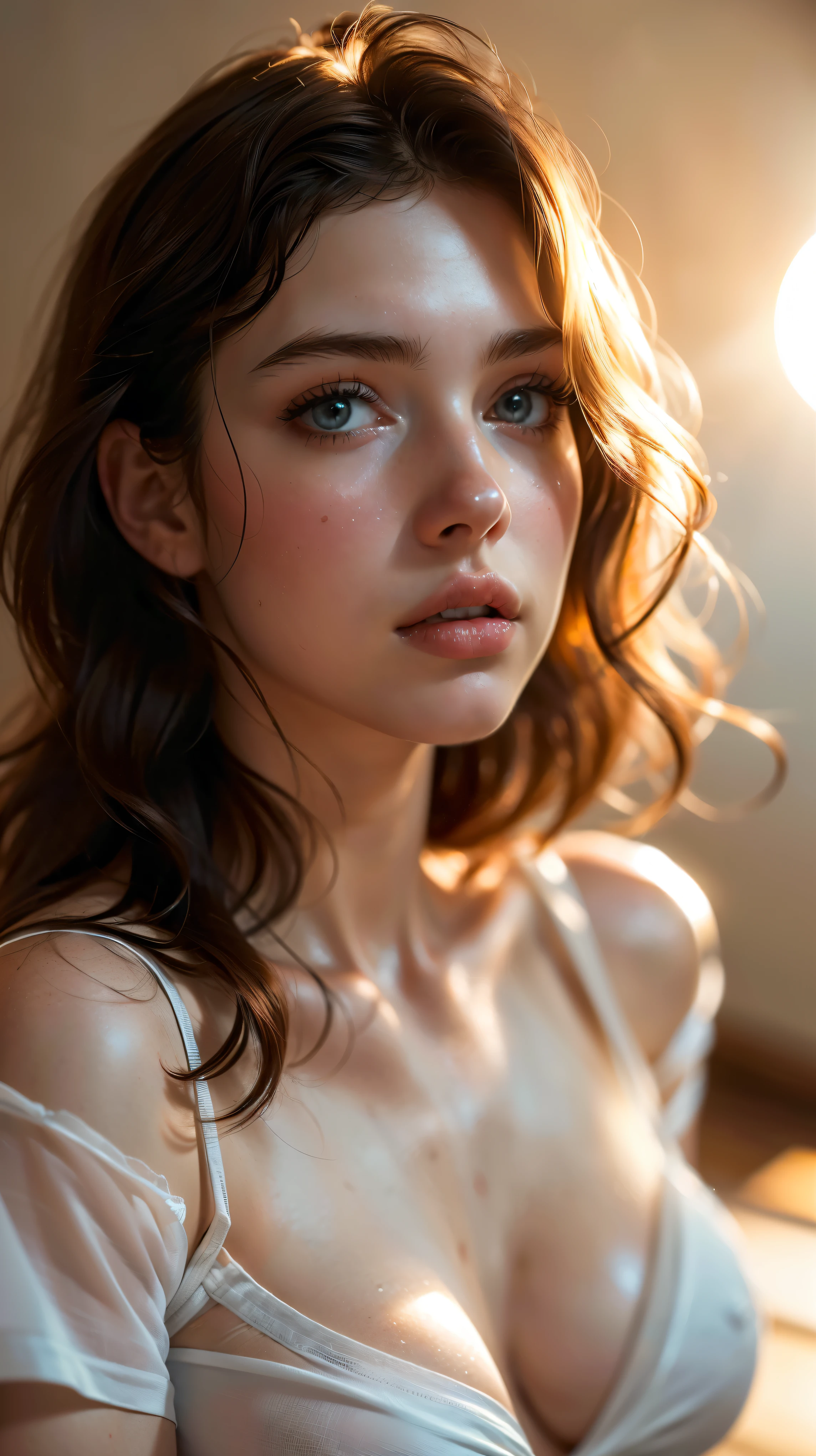 (((ultra realistic))) Photo, masterpiece, top quality, (pale skin), (Ultra detailed face and eyes:1.3), 1 girl, Adult, in a T-shirt, (Eye makeup, mascara) , ((large detailed lips)), ((ash wavy hair)), ((Chyolka)) , (Natural breasts), Slim waist. ((Posing)), photoshoot, studio (soft lighting), (The play of light and shadows), depth of field, bokeh, (special attention to skin detail: 1.2), Detailed leather texture, skin pores. (Airy atmosphere of the frame. Color range - delicate, Bright, white, Pink tones), UDR, ((Film grain)), ((rays)), ((glare of the sun)), ((waist up portrait, close to the camera)) , ultra detialed,