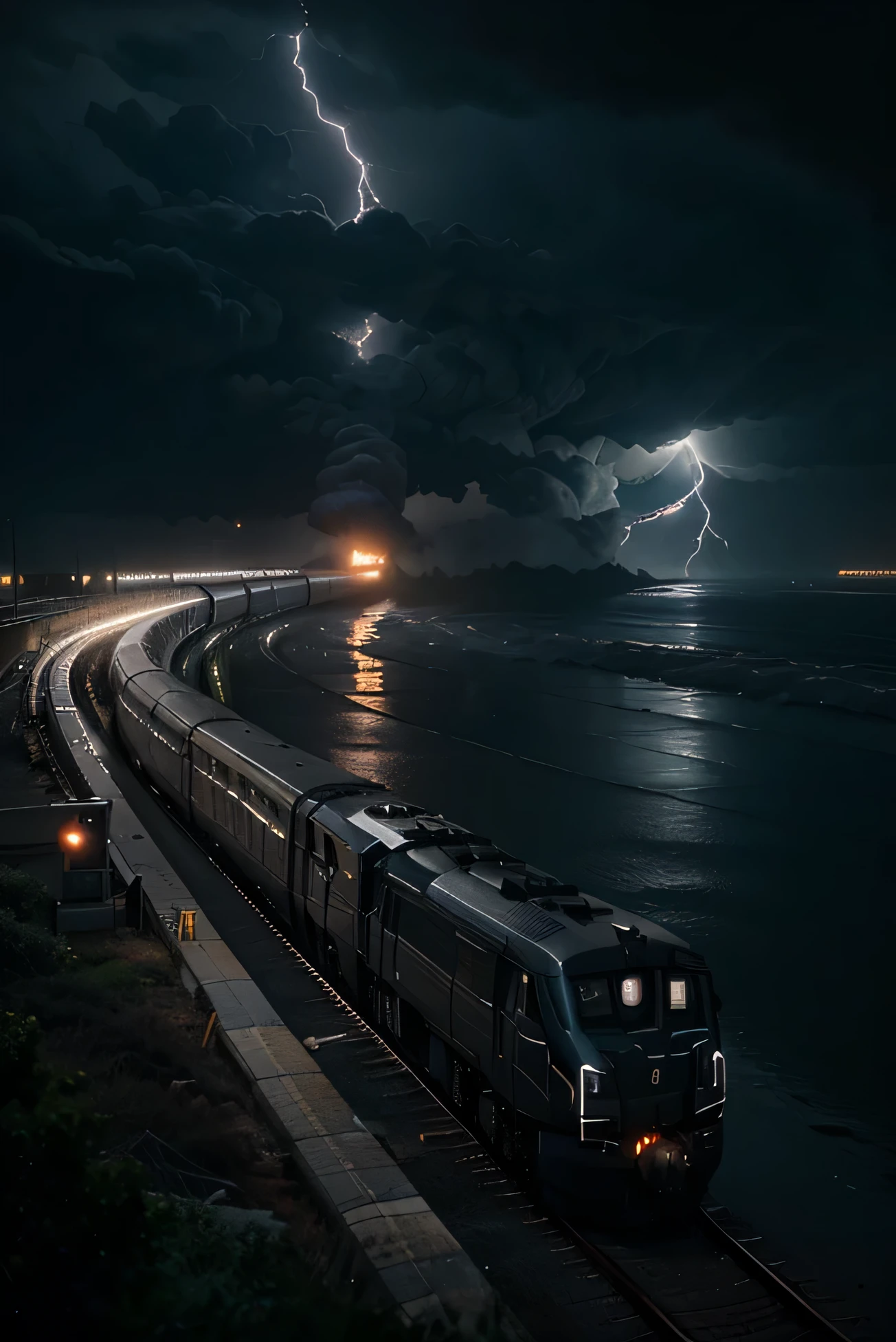 Imagine an epic and surreal scene, where a high-speed train traverses stormy skies, defying the laws of physics. Dark, rain-laden clouds engulf the train, while lightning illuminates the distant horizon. The train, imposing and futuristic, cuts through the scenery with grace and power, leaving a trail of light and mystery. Rain falls in torrents, creating a dynamic contrast between fluid motion and the solidity of the train. In this cinematic and surreal landscape, the viewer is taken on a unique visual journey, where imagination merges with technology to create an unparalleled work of art.