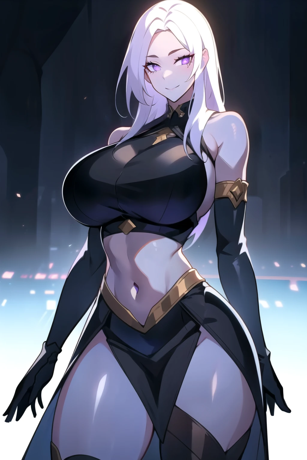 masterpiece, best quality, absurdres, 8k, perfect shadows,perfect lighting,hdr, cowboy shot,shiny skin,skindentation, beautiful body, kafka, ((white hair: 1.4)), long hair, (violet eyes: 1.4),  (crop top, underboob, elbow gloves, thigh boots, split skirt, bare shoulders, curvy, midriff, curvy, thighs, higheels, shiny clothes), complex detailed background, inside, luxury palace) (gigantic breasts,hourglass body, thin waist,very slim waist)extremely detailed face,detailed eye makeup, detail face, nice detailed eyes,nice hands, perfect hands (realistic pupils,realistic iris:1) heavy eye makeup,glowing eyes, Bright eyes,standing,standing at attention,(seductive smile), gigantic breasts, curvy, cowboy shot, (( blue skin: 1.1))