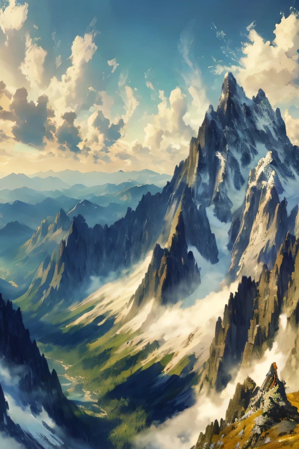 painting of a mountain range with a few snow covered mountains, anime landscape wallpaper, detailed scenery —width 672, anime landscape, an epic landscape, beautiful anime scenery, mountainscape, 4k highly detailed digital art, anime scenery, most epic landscape, high mountains, beatiful mountain background, high quality desktop wallpaper, high quality digital painting, epic landscape, epic scenery