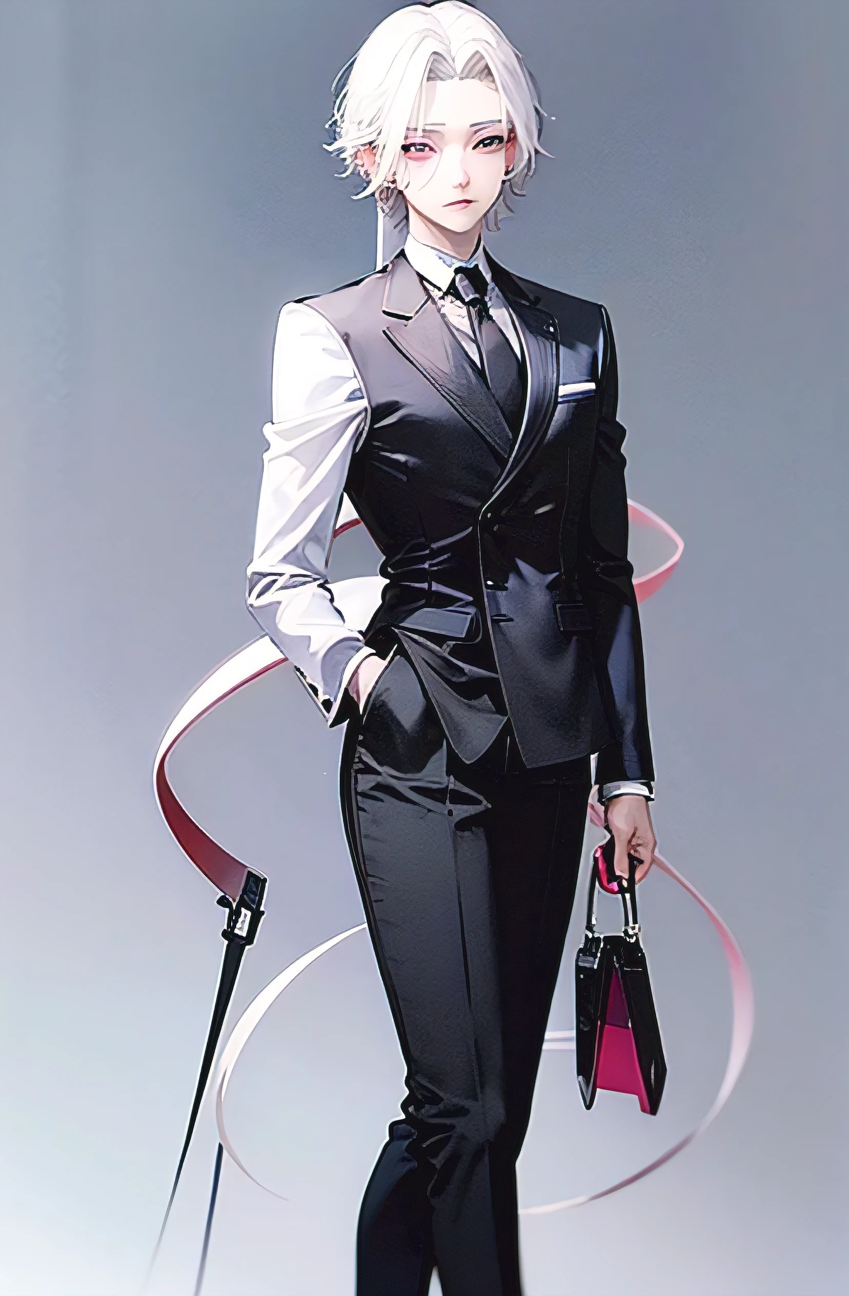 HOMBRE(man) pale skin white hair pink eyed anime wearing a black suit with a crimson red tie and black pointe shoes with a silver dagger in each hand walking forward