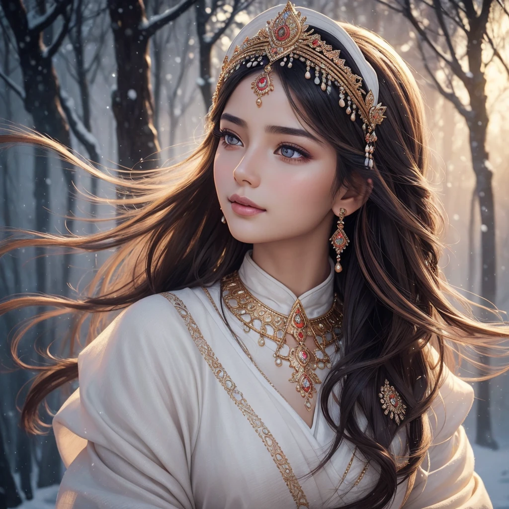 (masterpiece:1.2),ultra-detailed,realistic description,beautiful detailed eyes,beautiful detailed lips,in the style of siberpunque,painting,portrait,colorful palette,warm lighting,glossy finish,snowy background,rosy cheeks,flowing hair,graceful pose,ethnic clothing,traditional headpiece,delicate jewelry,meticulous attention to detail,subtle expression,serene atmosphere,soft brush strokes,luminous skin tones,highlighted features,vibrant colors,expressive eyes,subtle smile,peaceful ambiance,sharp focus,professional execution,authentic representation,majestic presence,ethereal beauty,delicately painted features,elegant impression,striking contrast,harmonious composition,celestial glow,whimsical elements,fairytale-like atmosphere,emotive portrayal,storytelling enchantment.