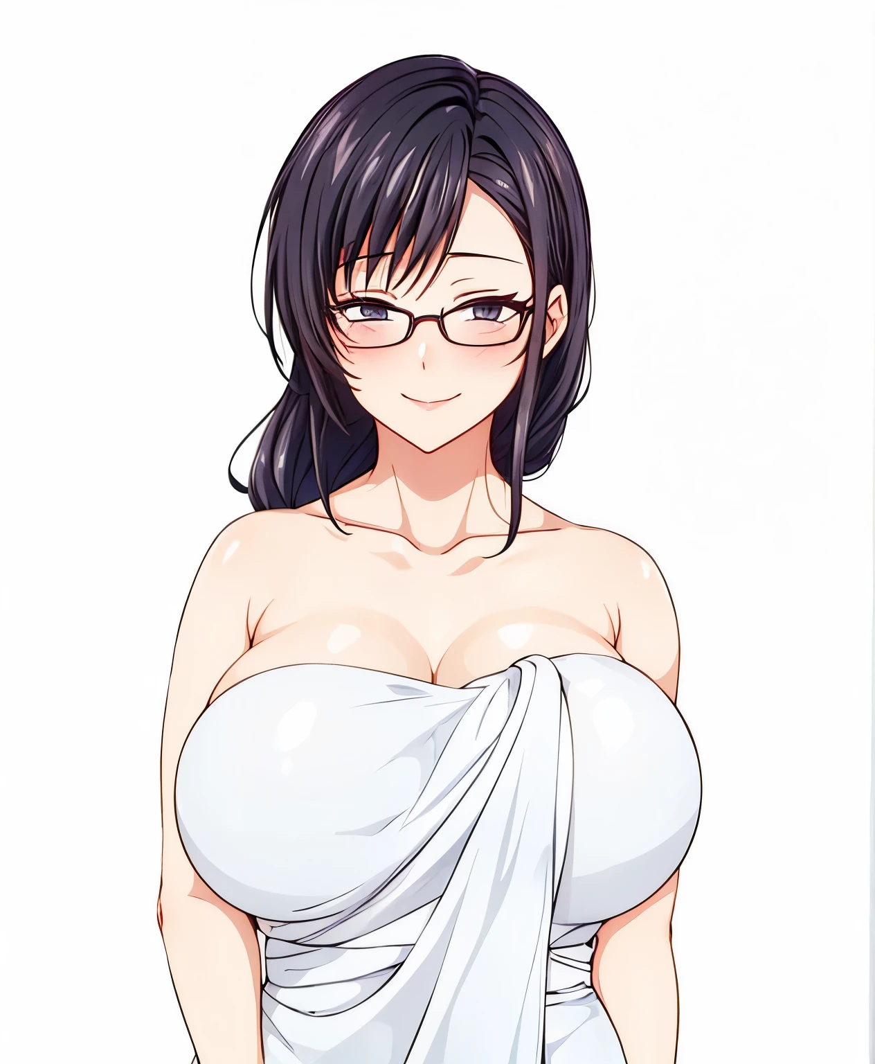 1 milf, long black hair, very big breasts, wearing glasses, smiling lewdly, blushing, naked(with towel)