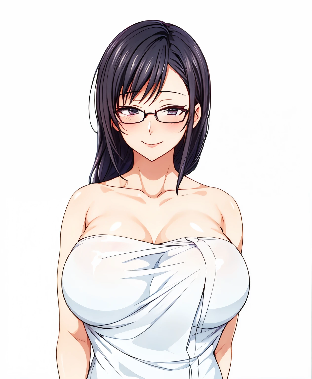 1 milf, long black hair, very big breasts, wearing glasses, smiling lewdly, blushing, naked