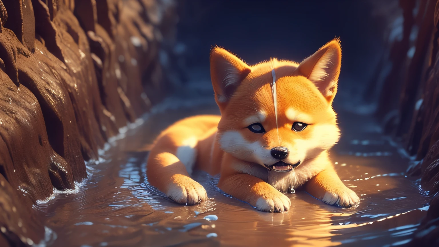 shiba inu playing in the mud, sad