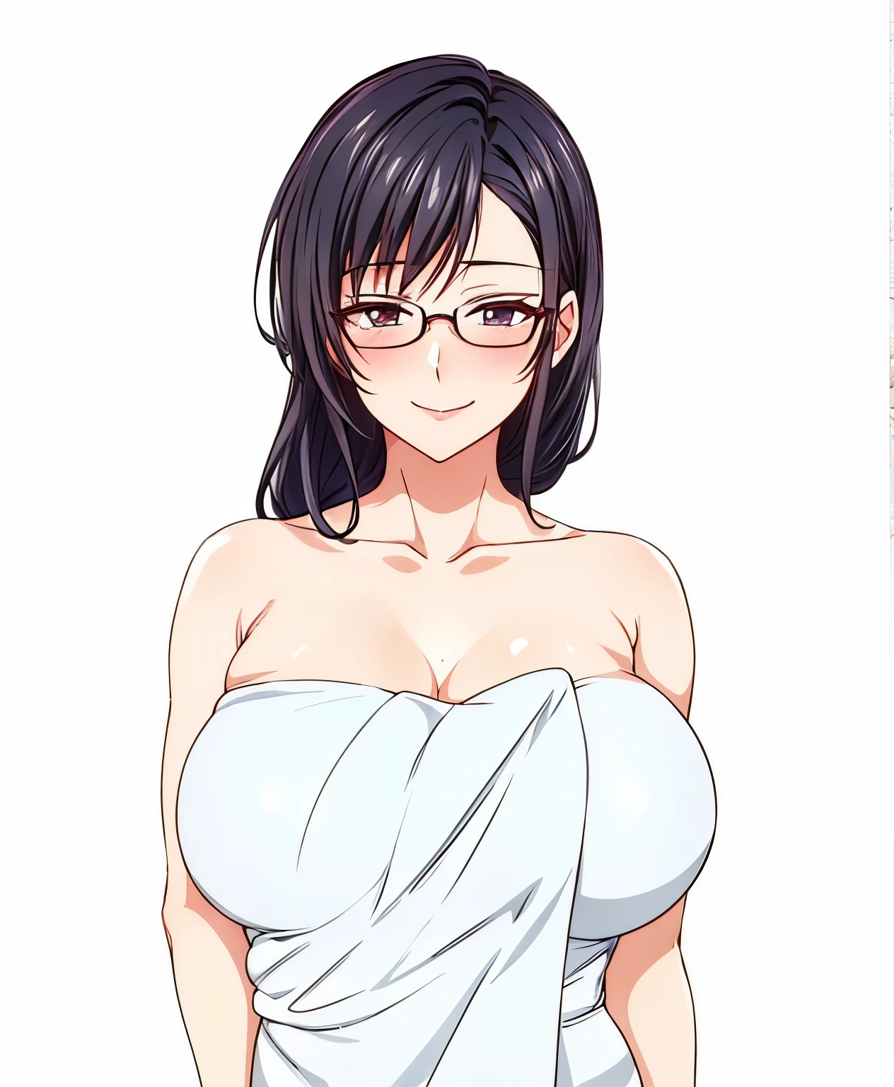 1 milf, long black hair, very big breasts, wearing glasses, smiling lewdly, blushing, naked(with towel)