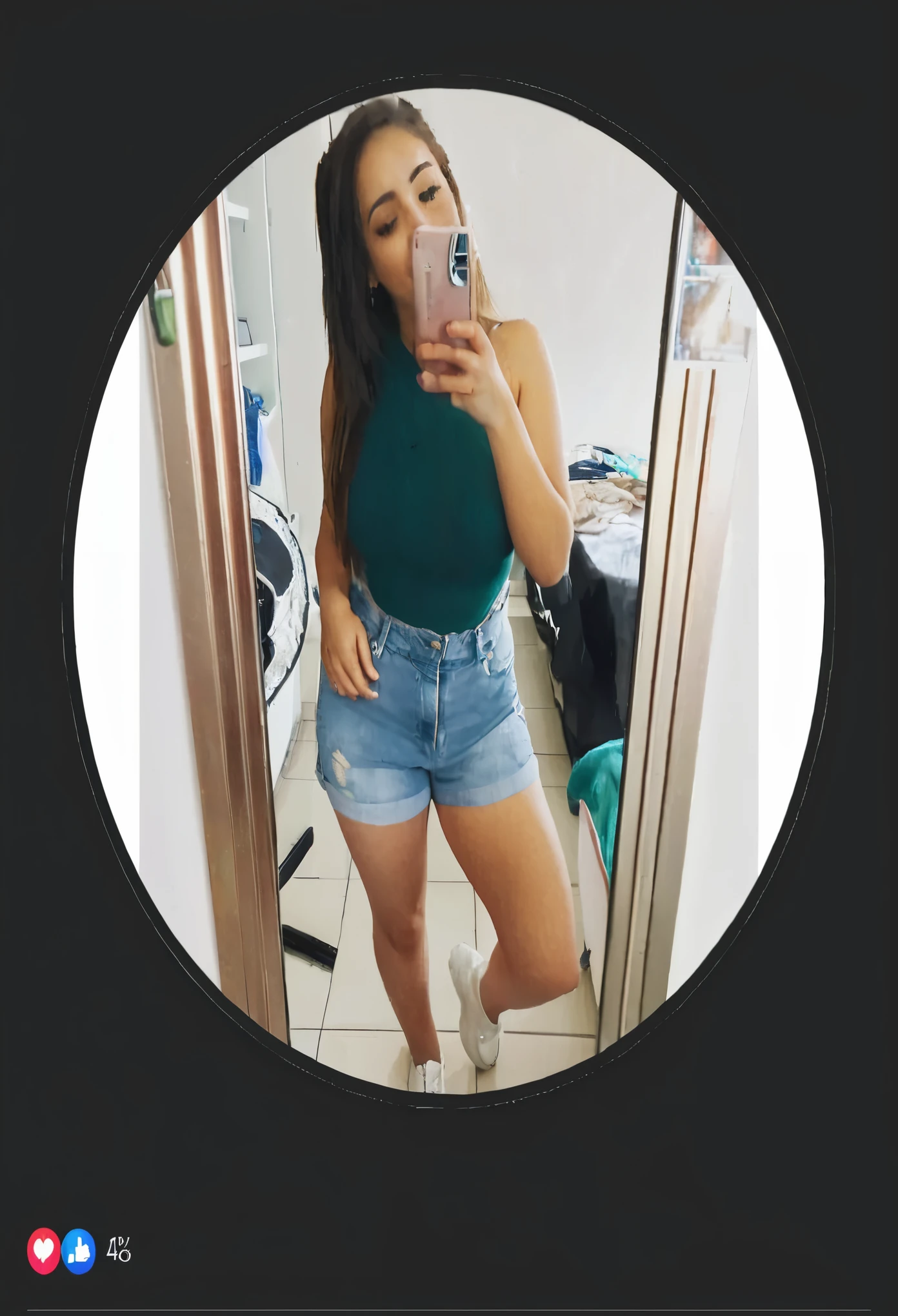 Arafed woman taking a selfie in a mirror with a cell phone., she is about 2 0 years old, y no debe de llevar ropa puesta y tiene big and beautiful Vagina