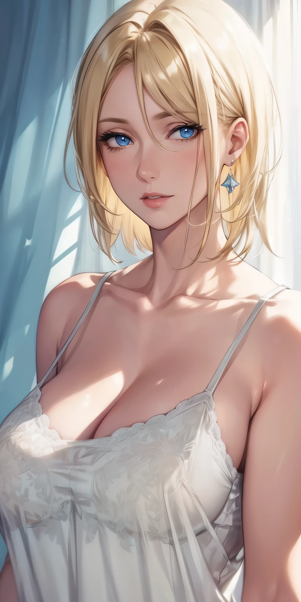 portrait, portrait, Elegant mature woman, blue eyes, blonde, big breast, transparent camisole, see through nipple, high resolution cg 8k, beautiful cg, soft light