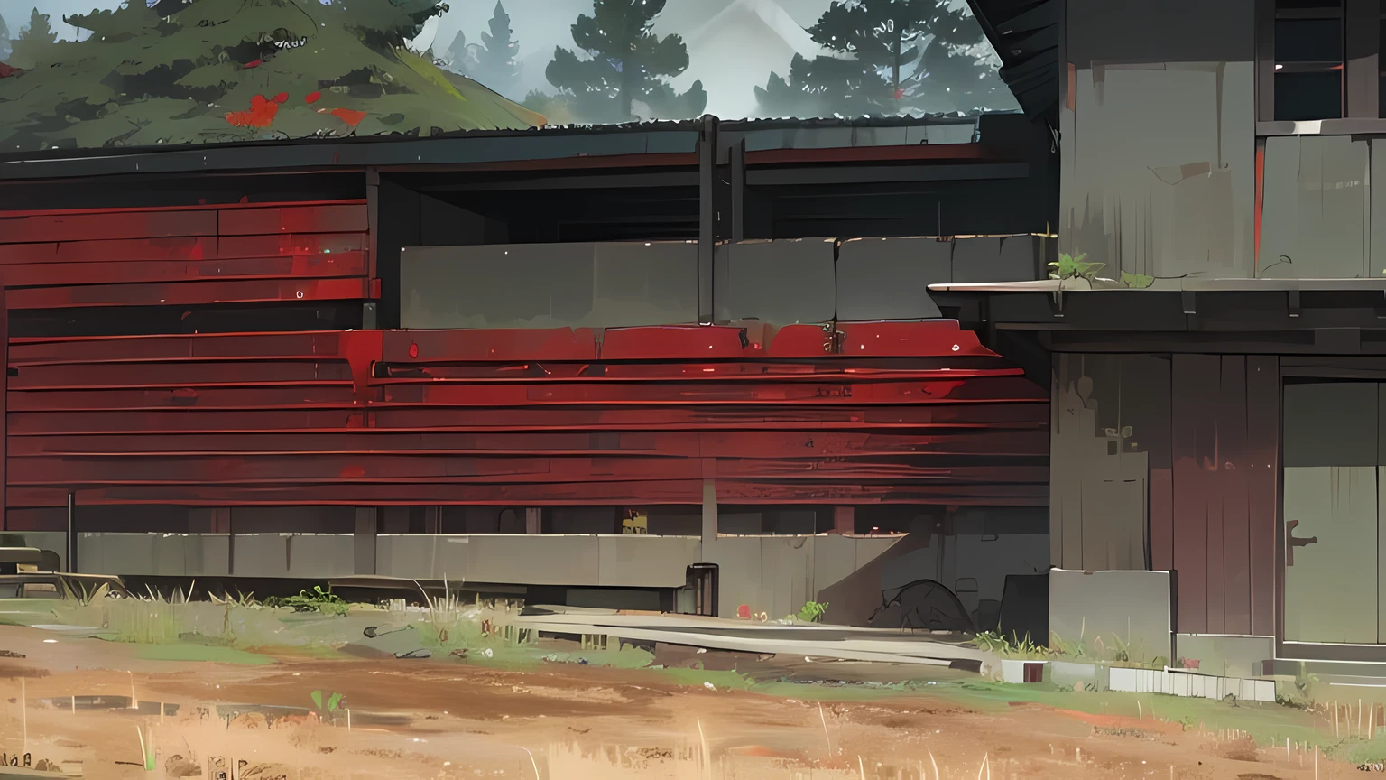 there is a red building with a green roof and a red fence, iron cladding, metal cladding wall, wall structure, front side, red trusses, front side view, red building, metal panels, front top side view, rusted panels, exterior shot, front-view, clean image, front view, building cover with plant, side view, side-view