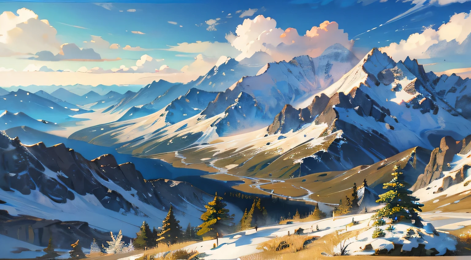 painting of a mountain scene with a snow covered peak and a valley, anime landscape wallpaper, 4k highly detailed digital art, anime landscape, high quality desktop wallpaper, mountainscape, beautiful anime scenery, ross tran. scenic background, 4k hd matte digital painting, detailed scenery —width 672, 4 k digital painting, 4k digital painting, amazing wallpaper