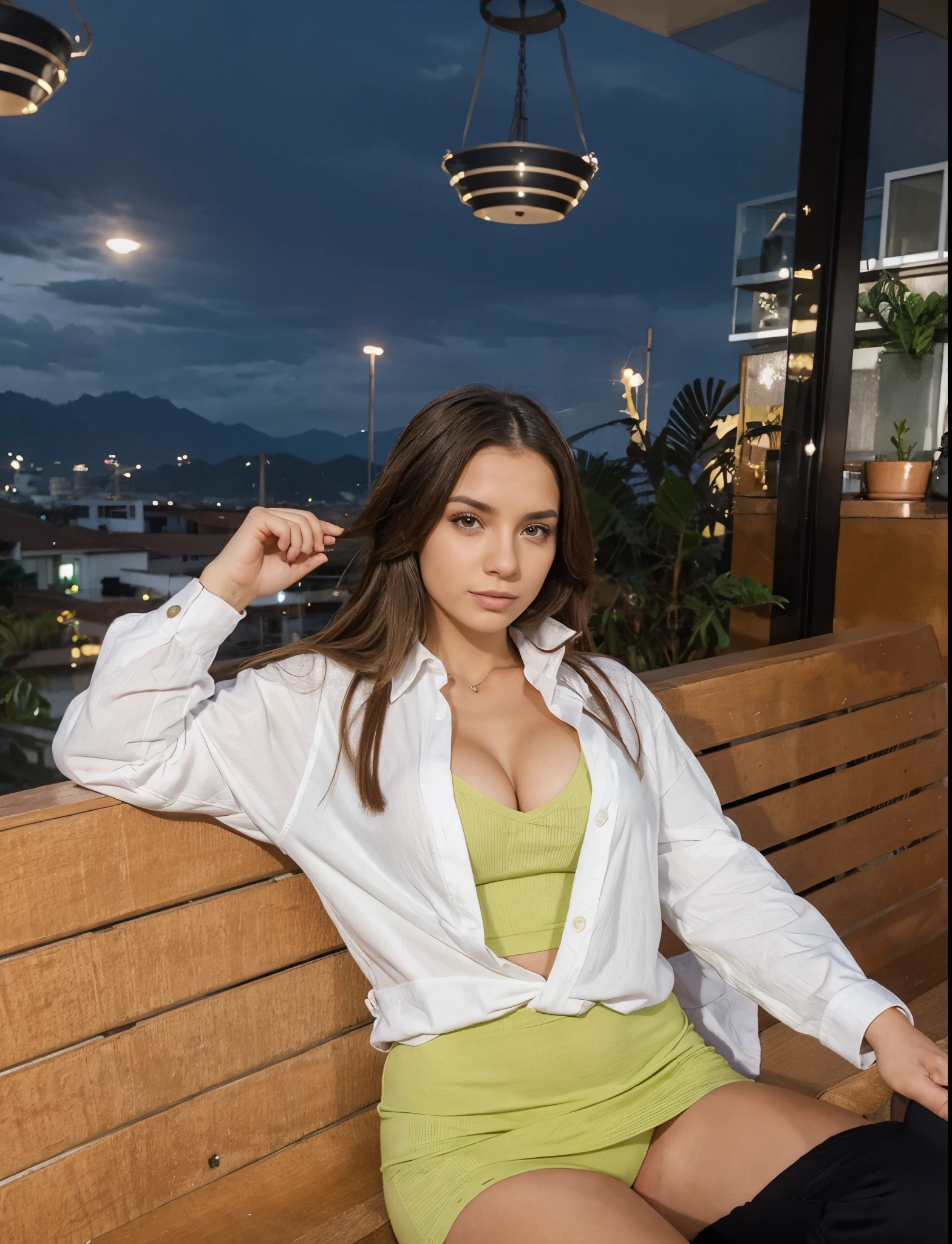 Strike Larissa in this same pose wearing an identical outfit in an identical setting, cabelo castanho escuro