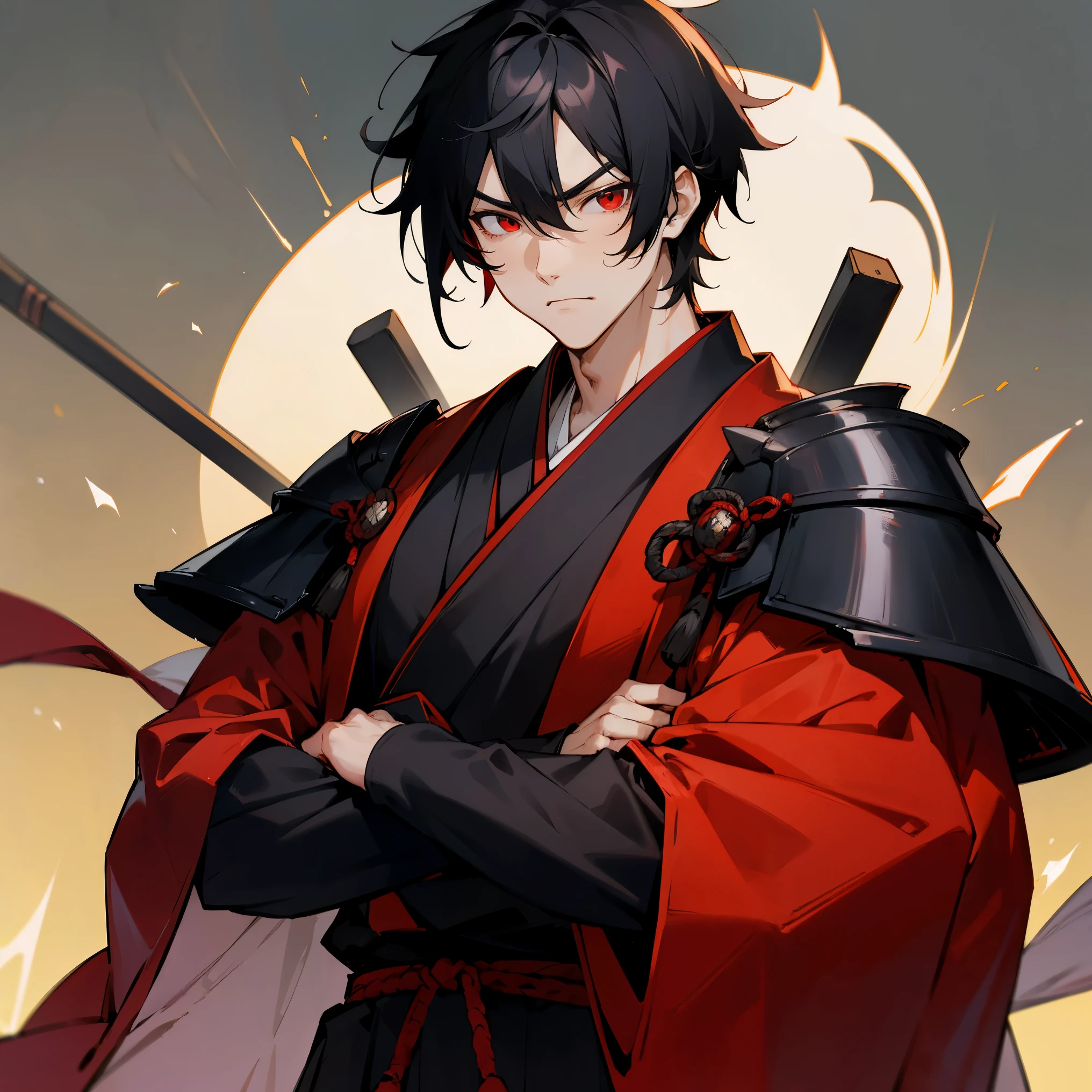 1male , Long Sleeve worn under , Black Haori , ArmorPiece on arm , Japanese , Sunny Background , Adult Male , Black Hair , Red Eyes , Serious Expression , Muscular Build
