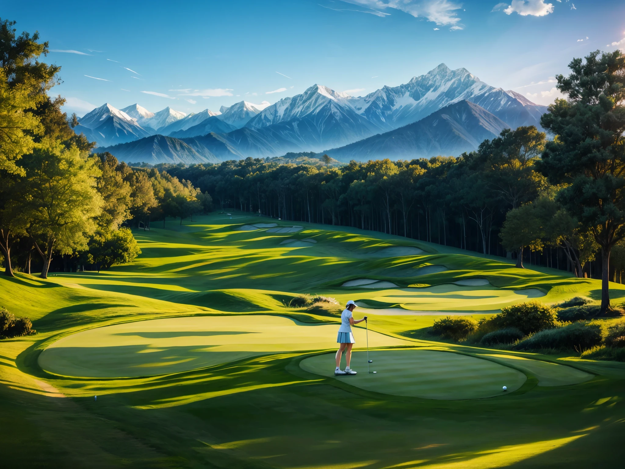 (girl playing golf,girl squatting,reading the green, golf course,resort,mini skirt,breezy)
(best quality,4k,highres,masterpiece:1.2), ultra-detailed, (realistic,photorealistic,photo-realistic:1.37), HDR, UHD, studio lighting, extreme detail description, professional, vivid colors, bokeh, portraits, landscape, photography, concept artists
(golf club, lush green grass, neatly trimmed fairways, towering trees, sparkling blue sky, gentle breeze, distant mountains, luxurious resort hotel, elegant architecture, sunlit terrace, pristine swimming pool)
