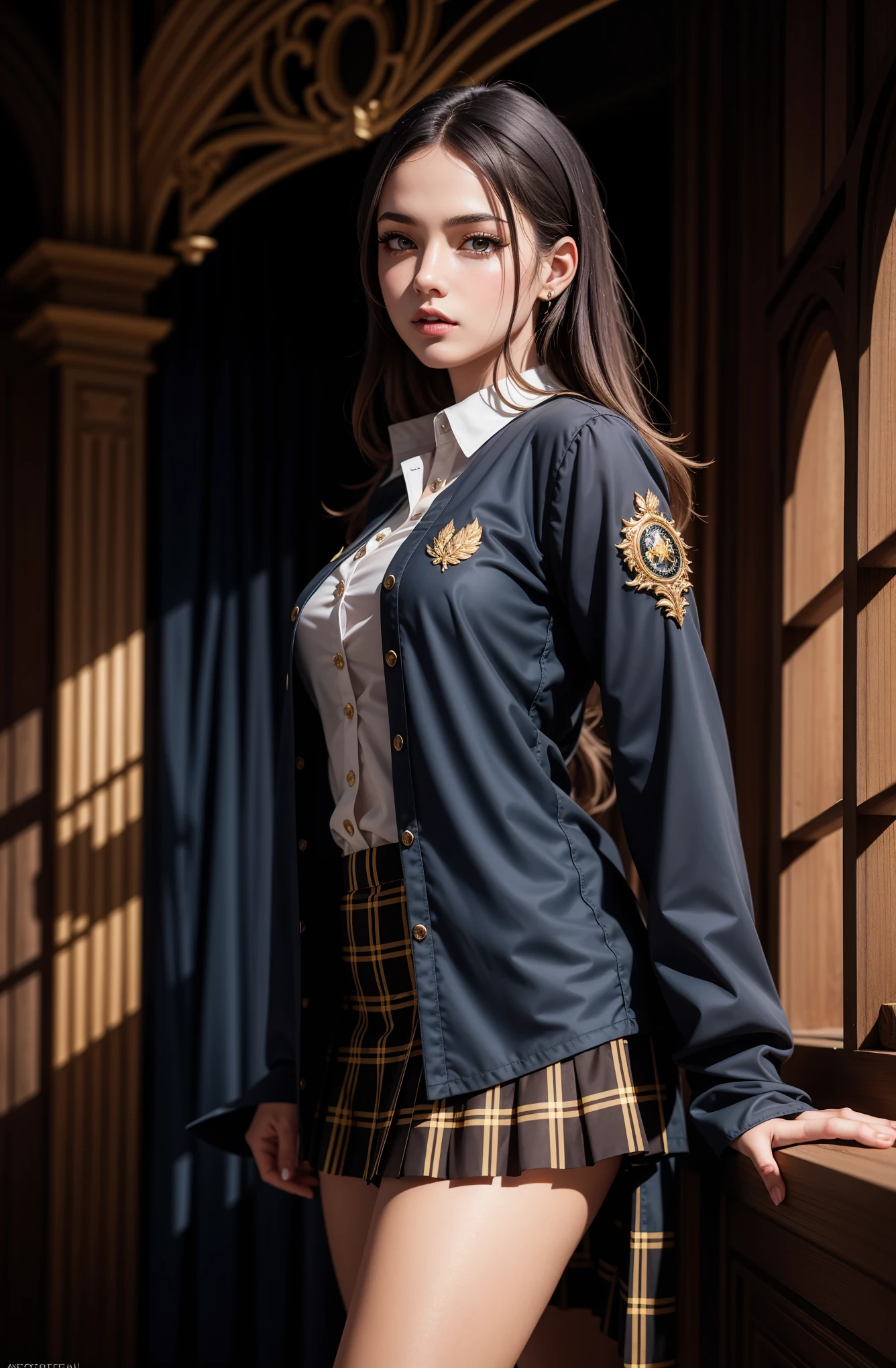 ((photorealism, high quality, detail, masterpiece, best quality:1.2)), (more than half of the body) A young girl from a fictional European medieval aristocracy, a student of the Academy of Magic, looks at us with seductive eyes... ((she stands half-turned)), she is dressed in a student uniform, (dark blue) short jacket made of fabric (velvet) ((gold trim, patch on the sleeve)), ((yellow)) a plaid (long) pleated skirt, (black) thick curly long hair. Magical atmosphere, Magic Academy, fantasy art, this work is done in very realistic colors.She is characterized by artistic expressiveness.