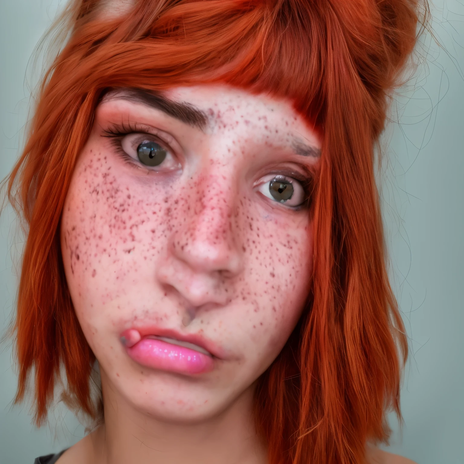 Una chica de pelo ondulado pelirroja con pecas y ojos color verdes 