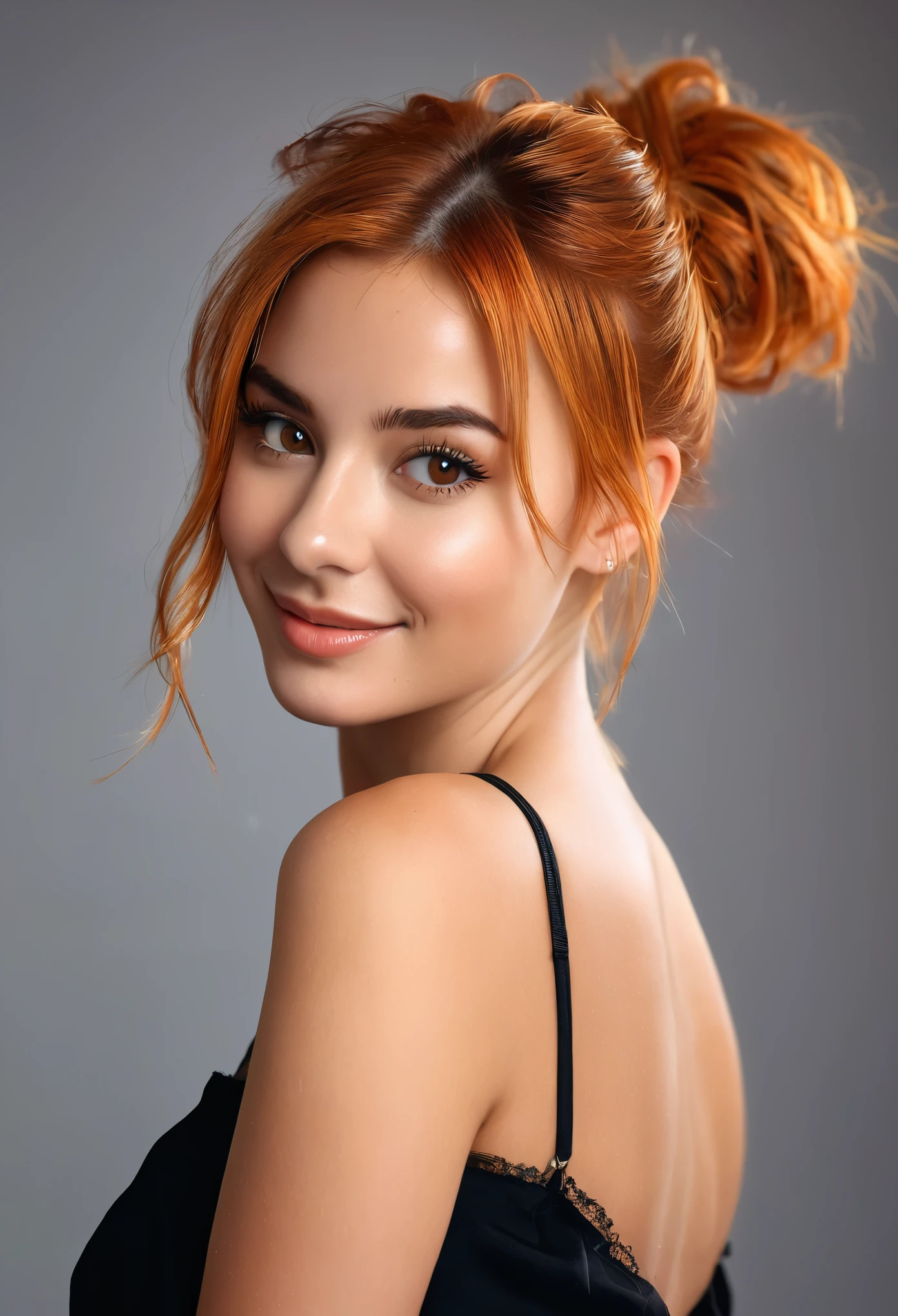 Beautiful and sexy European woman with light brown eyes, 25 years old, strong and vibrant short orange hair the girl is wearing a beautiful black dress, high heels, full subject shown in the photo, abstract light background, girl is in focus, blurred background, depth of field, sarcastic smile, girl is looking to the side, girl is not looking at the camera, complete subject appears in the photo, bare legs, no nudity, hair in a messy bun, light brown eyes, vibrant orange hair slim waist, very detailed, innocent face, face length 1.3 times the width of the face, almond-shaped eyes, square face shape, high cheekbones, naturally wavy hair, honey eyes, high resolution, artwork, best quality , intricate details, very detailed, sharp focus, detailed skin, realistic skin texture, texture, detailed eyes, professional, 4k, charming smile, shot with Canon, depth of field, Kodak Vision Colors, Perfectly fitted body, extremely detailed, photo_\ ( ultra \), photorealistic, realistic, post-processing, Maximum detail, roughness, Real life, ultrarealistic, photorealism, photography, 8K Ultra HD, photography