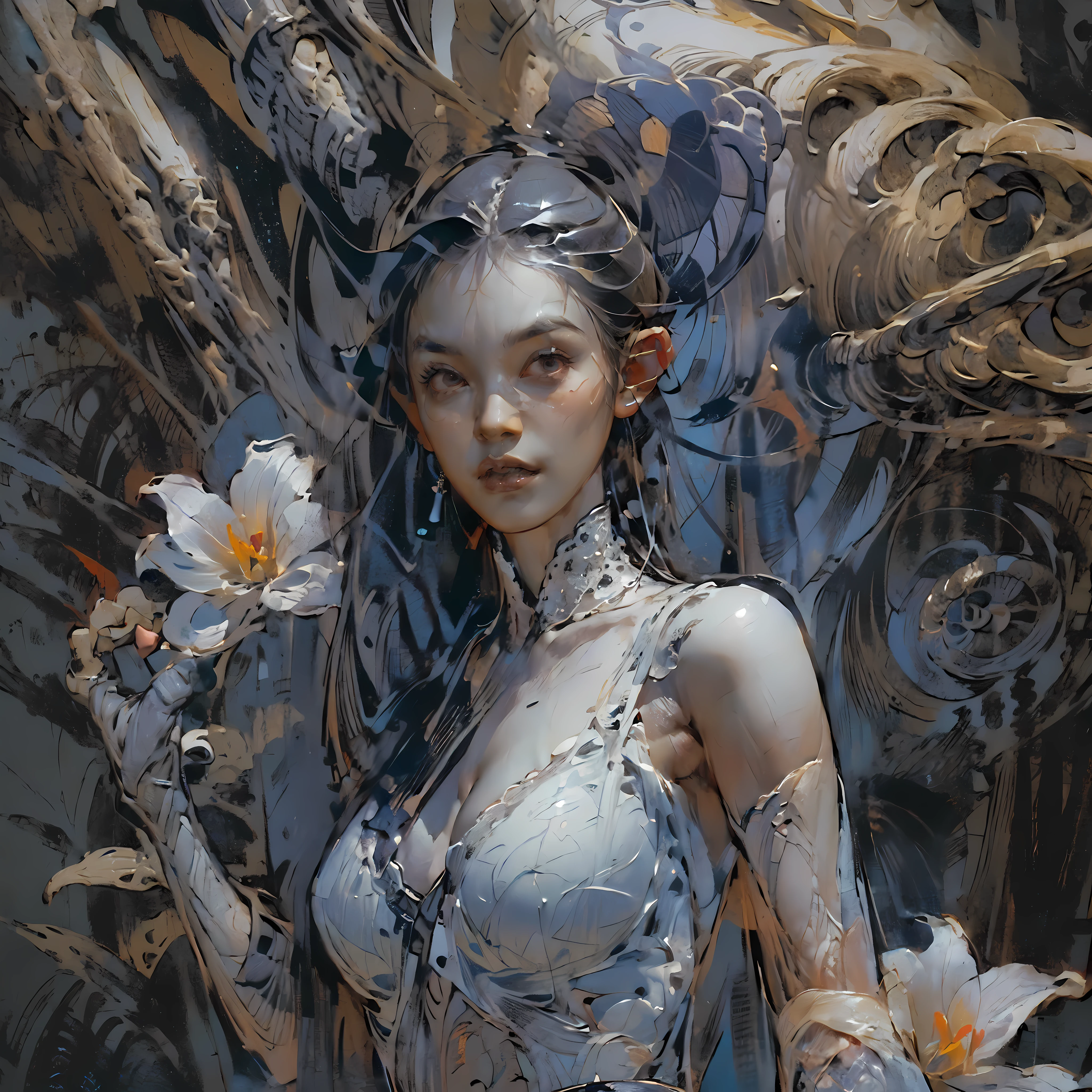 (((Create one girl 16+), (smoke, fire), (fantastic scene), (dramatic, lighting)))_(((Small miniature, full height), (thin graceful body, full height - standing) , (modern weapons), (beautiful figure)_(16+ years)))_(((Very beautiful girl, small peach breasts, graceful figure, narrow waist, smooth hips)), ((long double braids), ( tight braids), (braided hair), (dark hair, black hair)))_((Scarlet lips)), ((smile)))_(((Shiny skin:1.5, white skin)))_((sexy ), (erotic), (cute, kawaii)))_(((Bare shoulders, black lace dress)), ((black chiffon dress, very short dress))_(((tight-fitting), (sheer lace dress )), ((stands almost completely with a small amount of clothing)), ((tiny thongs)), (arms in elbow pads, palms wearing tactical gloves), (legs in combat knee pads, thigh-high stockings)), ((massive leather lace-up boots)), ((looks at the viewer)))_(((Dark background, realistic painting, digital painting, high quality))_((Background, fantastic ship lock, (films; Lucas Arts, R.S. Giger "Alien", Giger's monsters)), (stunning scene in a spaceship)), ((decorative dark background)), ((stunning white alien lilies), (extremely unusual)), ((spaceship, skulls)) , ((white lilies - large stems)))_(((Bright colors, cool soft shadows), (warm contrasting light, bright theme)), ((high contrast, photorealistic graphics: 1.37)),((digital painting, oil painting, wide wet stroke)), ((painting-professional execution)))_ (((Cinematic, digital painting), (soft clear forms, wide stroke, attention to detail), (clear elegant line, color fill)) )_(((High quality, 16K | Ultra HD | Full HD, cinematic rendering))).