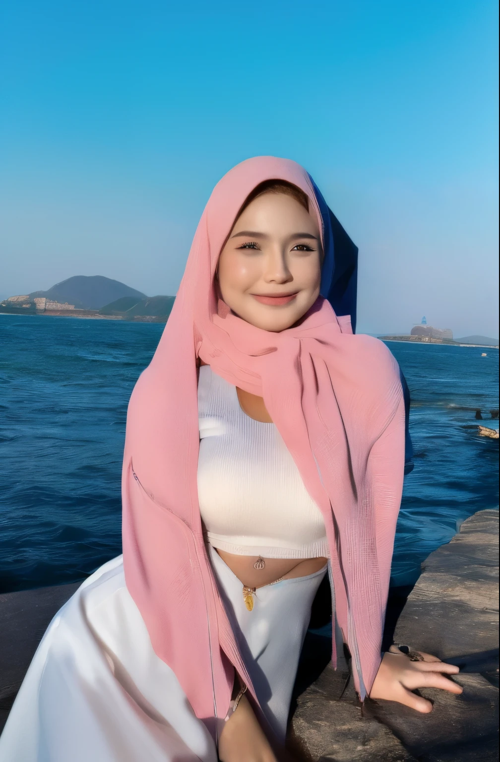 best quality,masterpiece,8k wallpaper,asian face chubby big tits and big ass, highres, ultra detailed, (ung beautiful asian girl, solo:1.1),long hair, pink hair, big breasts, asian girl chubby, blue eyes, earrings, jewelry, large breasts, midriff, navel,smile,scales, cleavage, skirt, lamia, hair rings, hair ornament, mermaid,ocean, star_\(sky\), water,waves, BREAK