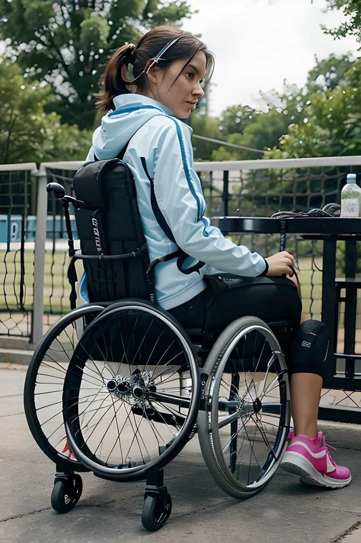 A wheelchair with a rear compartment for tennis racquets, a side-mounted monitor displaying heart rate, a side container for tennis balls, space for a jacket and accessories, and a water bottle holder, with a leash holder for a dog. The wheelchair is modern, stylish, and designed in a sporty style.