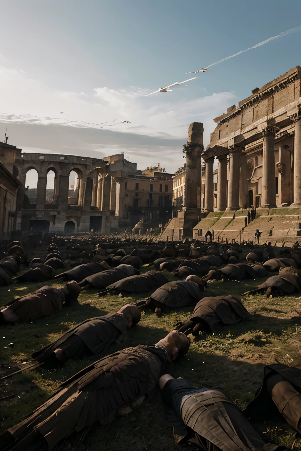 in old rome during plague horror thousands dead bodies lies every where vulture is flying in sky gloomy environment game of thrones style real;istic cinematic