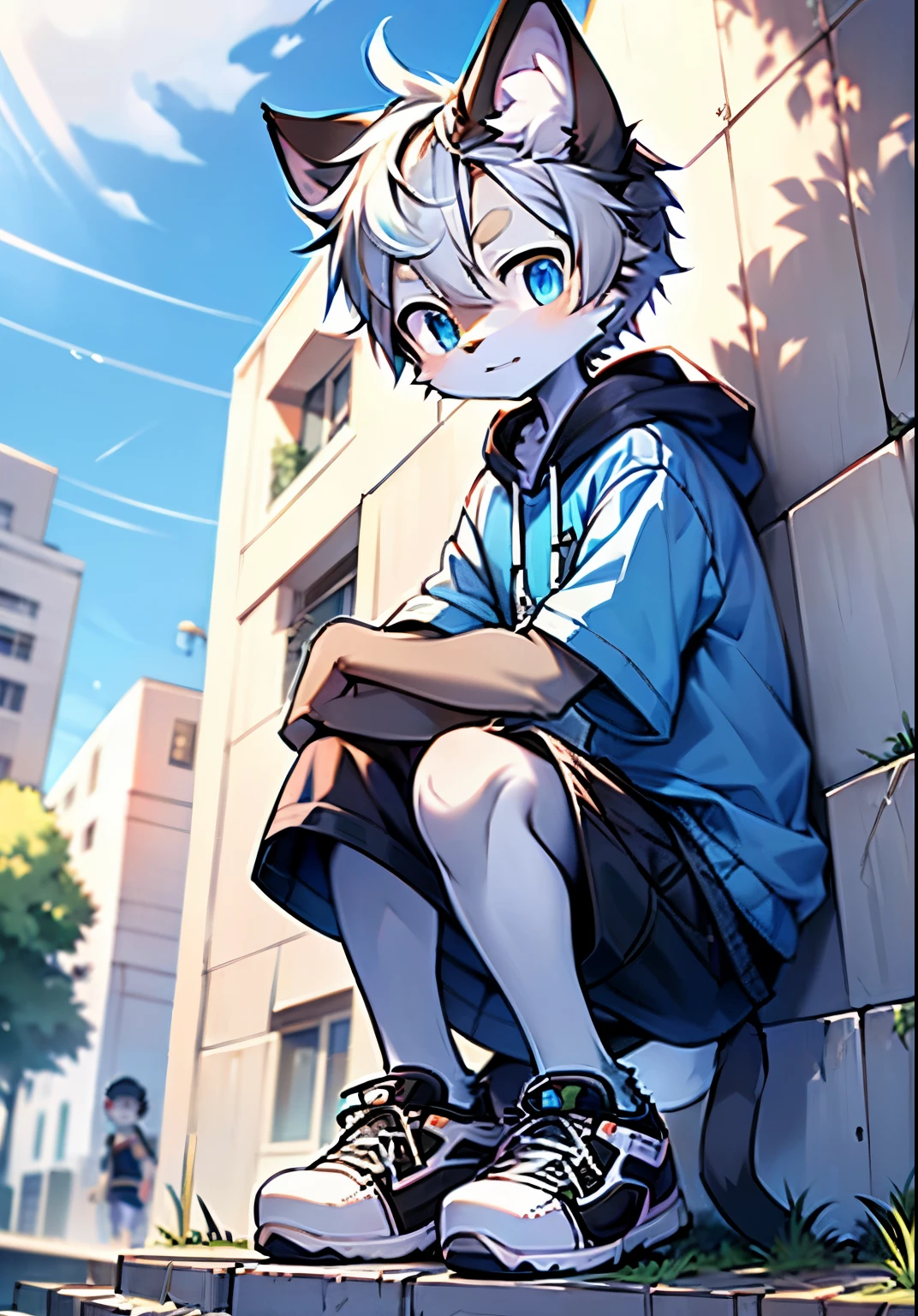 bright eyes, panorama, character focus solo, furry, furry male cat, male gray fur, blue eyes, gray hair (length), wearing blue shorts and shorts, casual clothes, young style, height1meter7, good looking, has a tail,