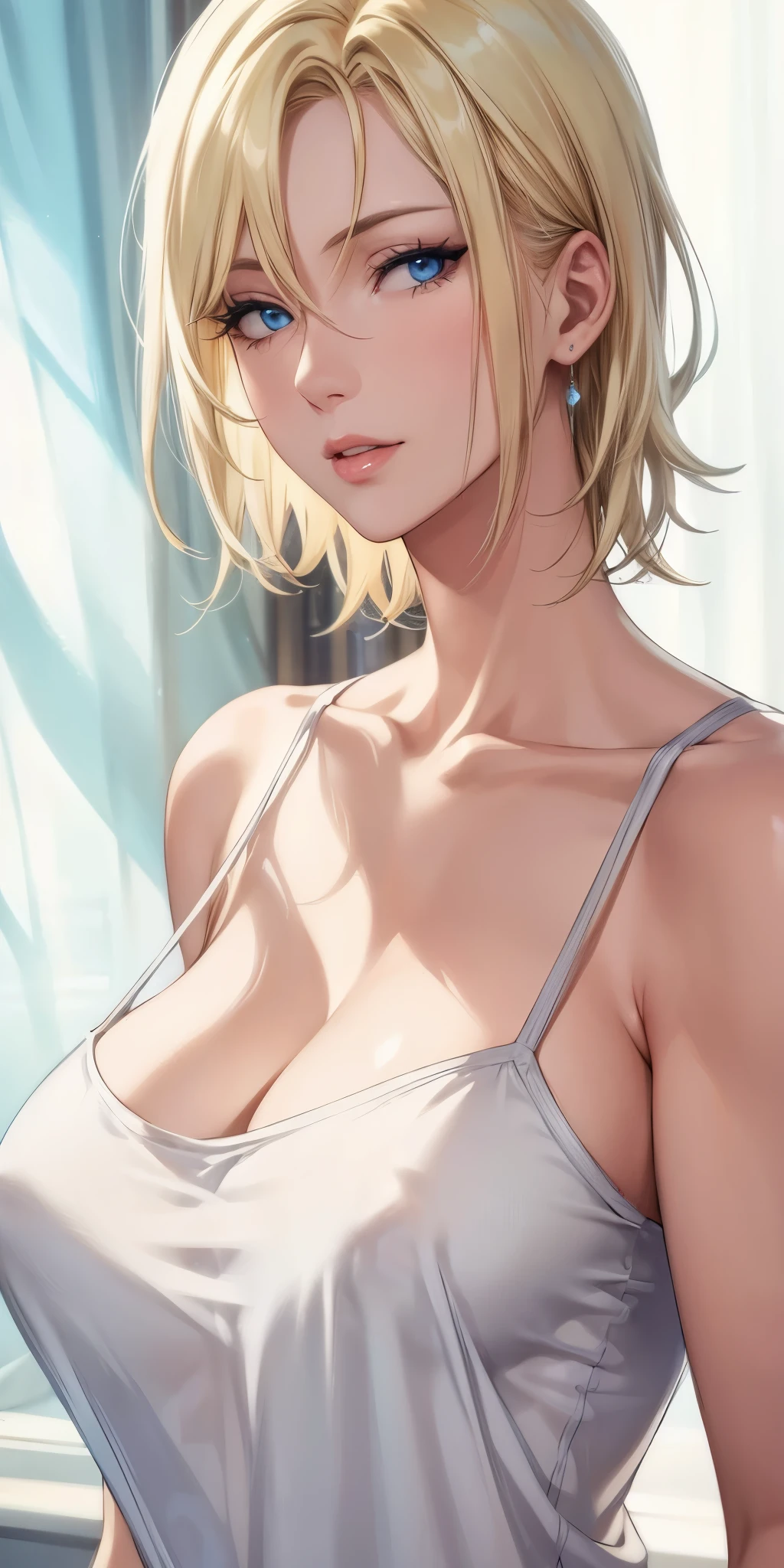 portrait, portrait, Elegant mature woman, blue eyes, blonde, big breast, transparent camisole, see through nipple, high resolution cg 8k, beautiful cg, soft light