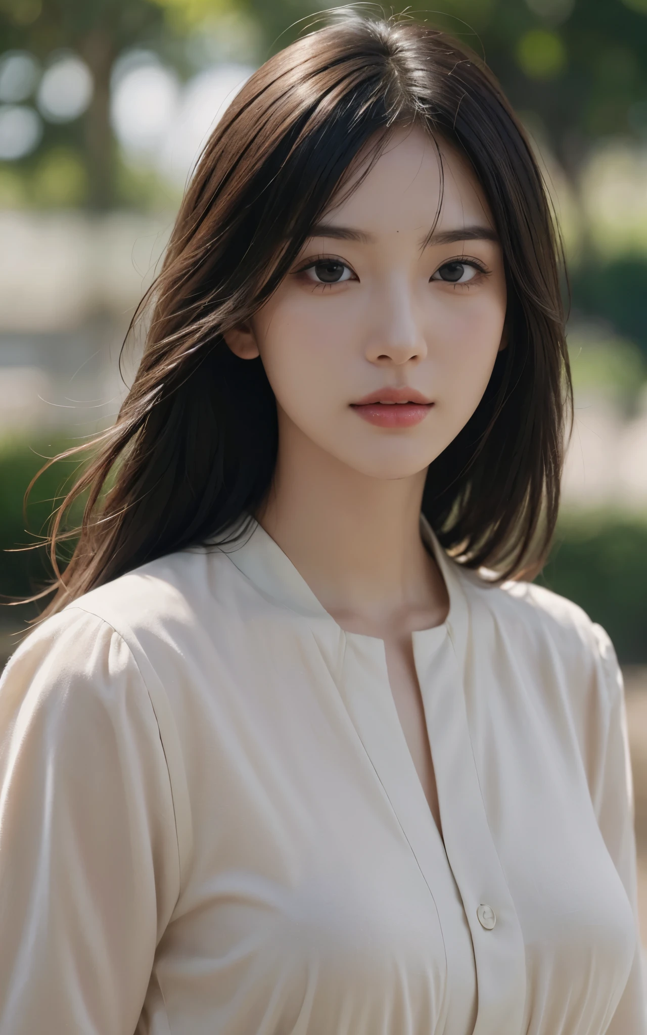 masterpiece, The highest image quality, High quality, Beautiful woman, Japanese, Detailed, Swollen eyes, Detailed eyes, Detailed skin, Beautiful skin, Ultra High Resolution, (reality: 1.4),Very beautiful, Slightly younger face, Beautiful skin, slender, (A hyper-realistic), (Illustration), (High resolution), (8K), (Very detailed) (Best Illustration), (beautifully detailed eyes), (super detailed), (Wallpaper), (Detailed face), Looking at Viewer, Fine details, Detailed face, Looking straight ahead, Looking straight ahead, (Half body:1.3), photos realistic, Bright lighting, Soft light, Professional Lighting, Shoulder-length straight hair swaying in the wind, Mature Woman, Bangs