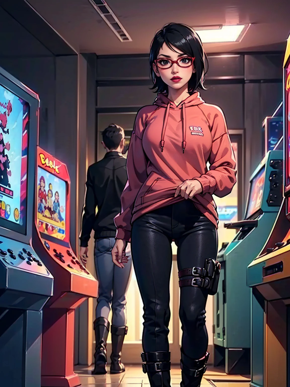 (1girl, solo, alone), (WakatsukiRisa, Sarada Uchiha, black hair, short hair, black eyes, red glasses), ((solo, (1woman, pink lipstick, black eyes), Extremely detailed, ambient soft lighting, 4k, perfect eyes, a perfect face, perfect lighting, a 1girl)), austere, ((red sweatshirt, ((dark red sweatshirt, sweatshirt with black details)), parading, Black pant, high boots, boots, boots with buckles, game store, arcade, video games, gaming house))