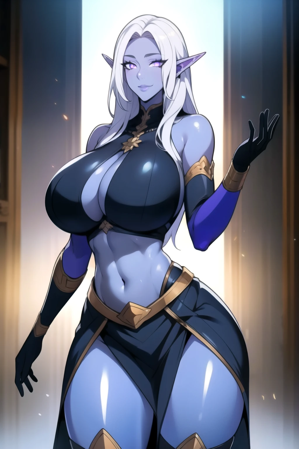 masterpiece, best quality, absurdres, 8k, perfect shadows,perfect lighting,hdr, cowboy shot,shiny skin,skindentation, beautiful body, kafka, ((white hair: 1.4)), long hair, (violet eyes: 1.4),  (crop top, underboob, elbow gloves, thigh boots, split skirt, bare shoulders, curvy, midriff, curvy, thighs, higheels, shiny clothes), complex detailed background, inside, luxury palace) (gigantic breasts,hourglass body, thin waist,very slim waist)extremely detailed face,detailed eye makeup, detail face, nice detailed eyes,nice hands, perfect hands (realistic pupils,realistic iris:1) heavy eye makeup,glowing eyes, Bright eyes,standing,standing at attention,(seductive smile), gigantic breasts, curvy, cowboy shot, (( blue skin: 1.1)), long elf ears