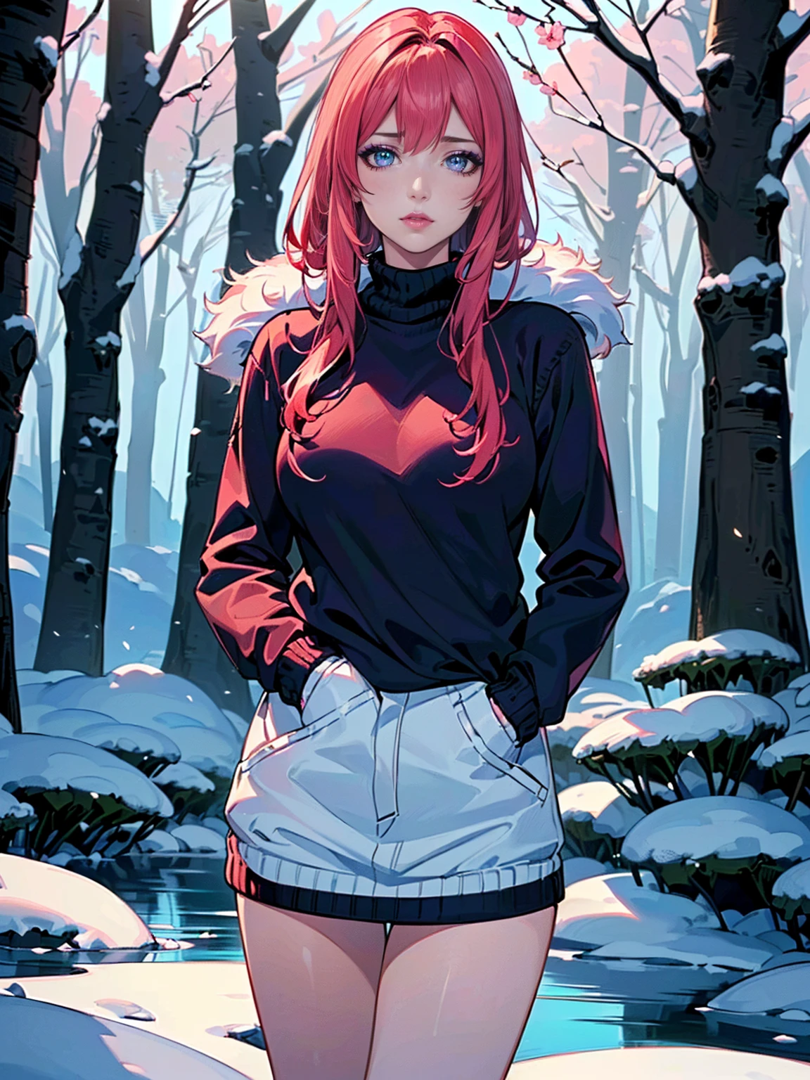 ((Sozinho, 1 mulher, Takashiro Hiroko, olhos roxos escuros, cabelo vermelho, batom cor de rosa, Extremely detalhado, Soft ambient lighting, 4K, olhos perfeitos, um rosto perfeito, Perfect Lighting, uma garota)), ((Sozinho, (1 mulher, batom cor de rosa), Extremely detalhado, Soft ambient lighting, 4K, olhos perfeitos, um rosto perfeito, Perfect Lighting, uma garota)), ((detalhado, mangas compridas, jaqueta, tronco, roupas abertas, sweater, open jaqueta, casaco, fur trim, gola alta, gola de pele, hand in pocket, open casaco, gola alta sweater, fur-trimmed jaqueta, ambiente de inverno, neve, Lago congelado, nevey forest, flores de inverno, neveman, insultar, tundra, Floresta Boreal))