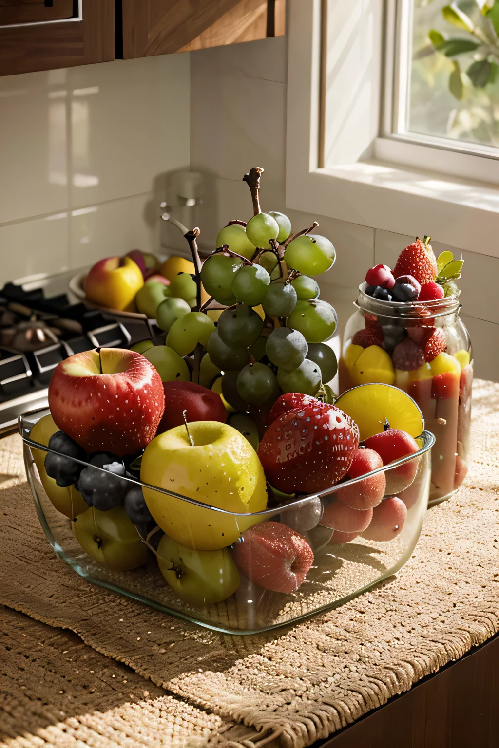Em uma cozinha iluminada e clean, uma cena encantadora se desdobra: a lush selection of fresh fruits rests in clear plastic containers. Bright apples, bananas amarelas, abacaxis suculentos, purple grapes and red strawberries are arranged with care and precision, Creating a spectacle of colors and shapes. The soft light that bathes the environment highlights the natural beauty of each fruit., revealing its intricate details and irresistible freshness. Transparent containers provide a clear and transparent view of the fruit, adding a touch of modernity and elegance to the scene. The purity and order that permeate the kitchen intensify the sensation of freshness and vitality of the fruits., convidando os espectadores a se deliciarem com essas maravilhas da natureza. This 8K resolution image is a visual celebration of the diversity and abundance of fresh fruit, perfect for whetting your appetite and inspiring healthy choices.