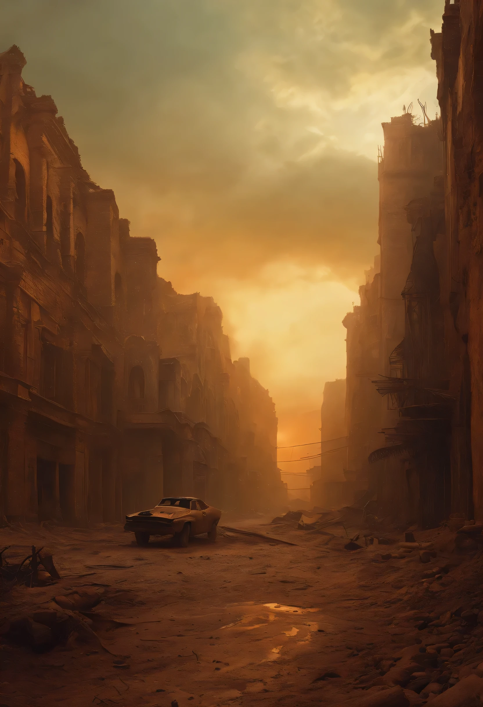apocalyptic city,ruined buildings,Post-Apocalyptic,Zdzislaw Beksiński,Mad Max: Fury Road,low key lighting