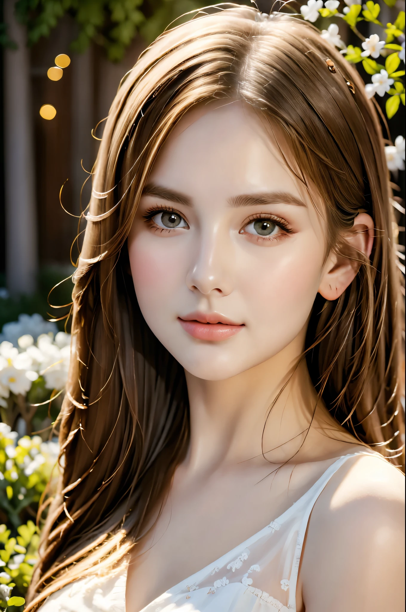 best quality,photorealistic,portrait,beautiful detailed eyes,beautiful detailed lips,blonde girl,garden background,delicious steak,top-quality restaurant,medium:oil paintings,soft lighting,vibrant colors,warm colour tones