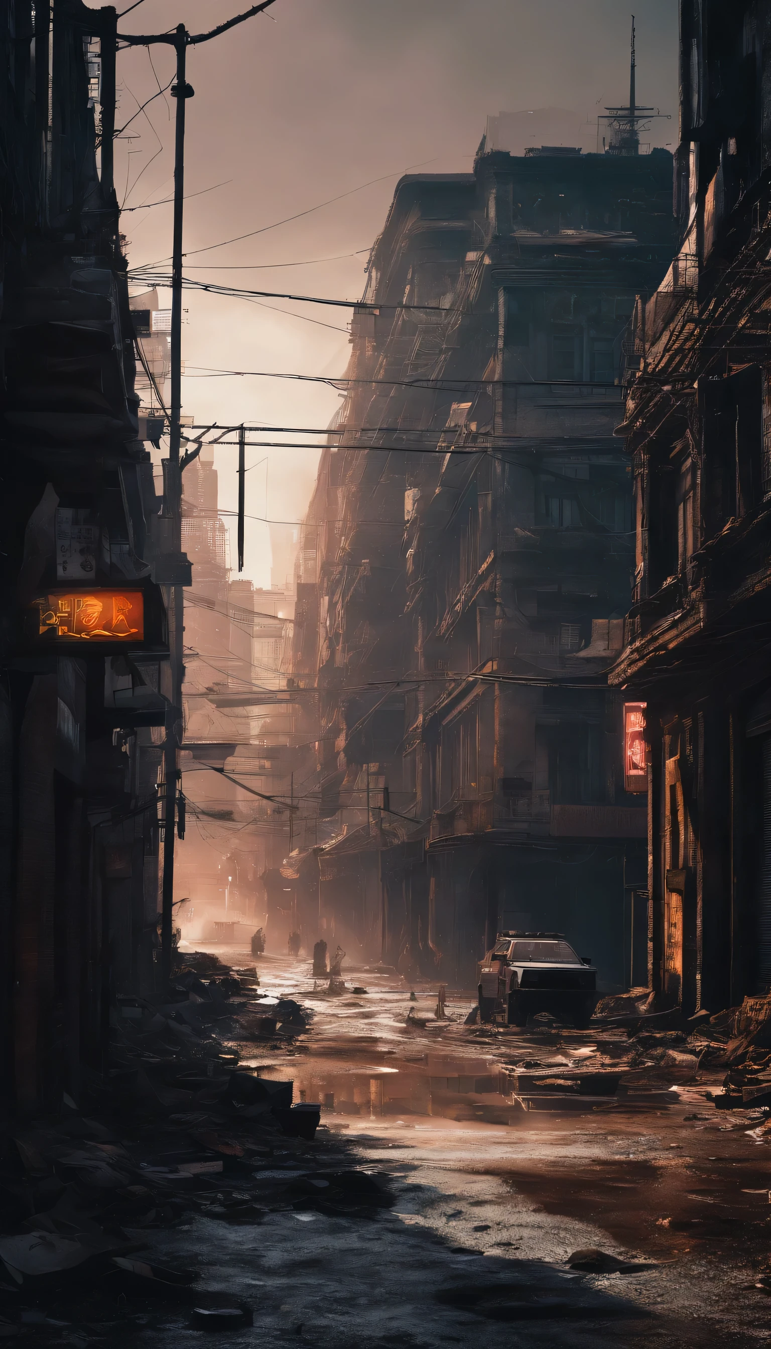 best quality,4k,8k,highres,masterpiece:1.2,ultra-detailed,realistic,photorealistic:1.37,impressive,post-apocalyptic,cyberpunk-style, city street,bustling,neon-lit,gritty,dystopian,high-rise buildings,ae86 trueno ,futuristic architecture,dilapidated buildings,dark alleyways,heavy rain,pouring rain,flickering streetlights,glowing signs,holographic advertisements,reflective wet pavement,abandoned vehicles,smoke-filled atmosphere,city smog,cracked concrete,electrical wires hanging,piles of trash,rusty metal,graffiti-covered walls