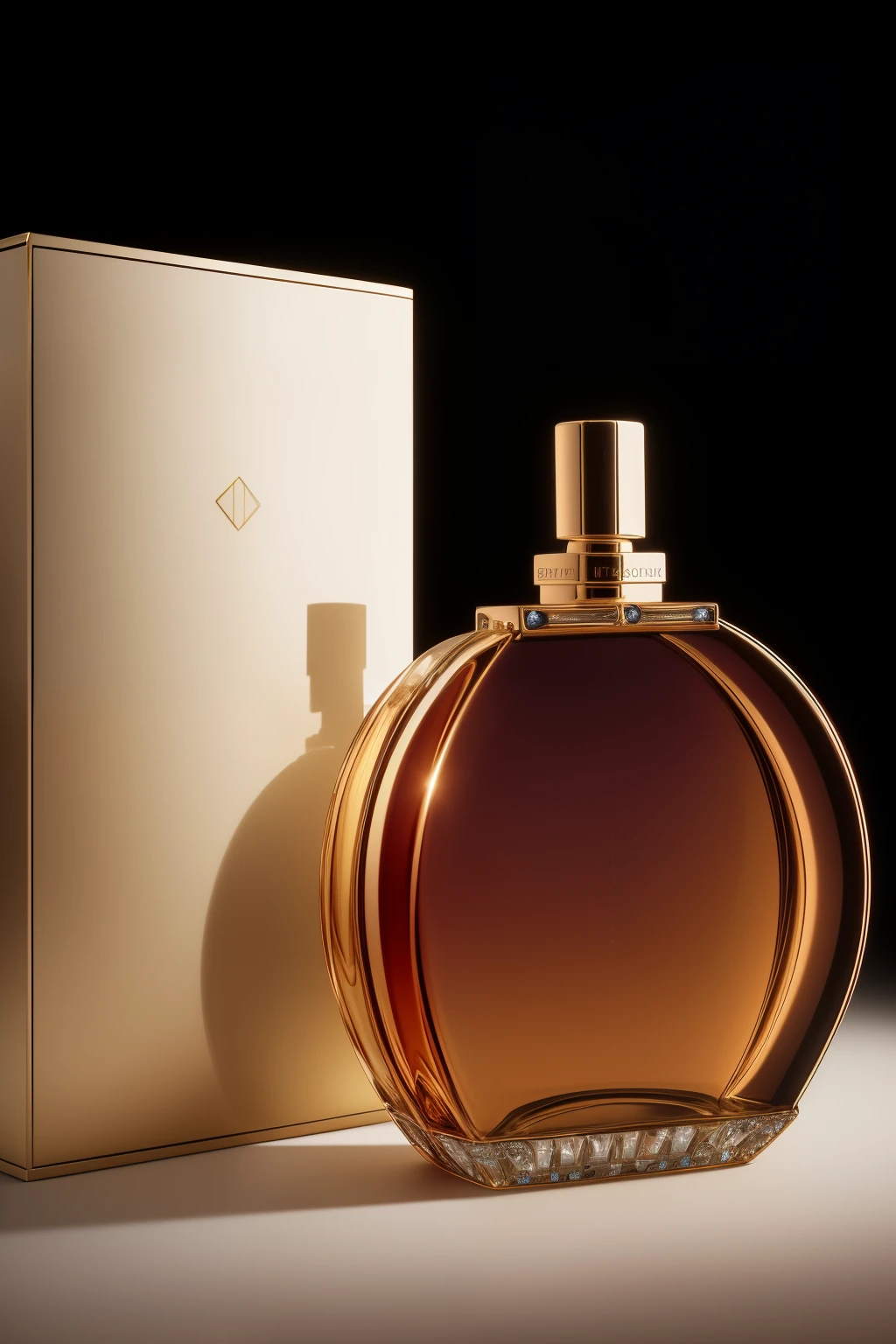 Studio photograph, a bottle of perfume elegantly placed to the side of its box
A captivating still photograph in a studio setting, showcasing a sleek bottle of perfume sitting gracefully next to its ornate box. The image exudes an alluring atmosphere with its soft, warm lighting and intricate detail. The bottle is depicted in high resolution, capturing every curve and label with unparalleled precision. The rich colors of the perfume bottle pop against the neutral background, creating a stunning contrast. This masterpiece is sure to leave an indelible impression, transporting viewers into the enchanting world of luxury and sophistication. (Photorealistic: 1.4), close
