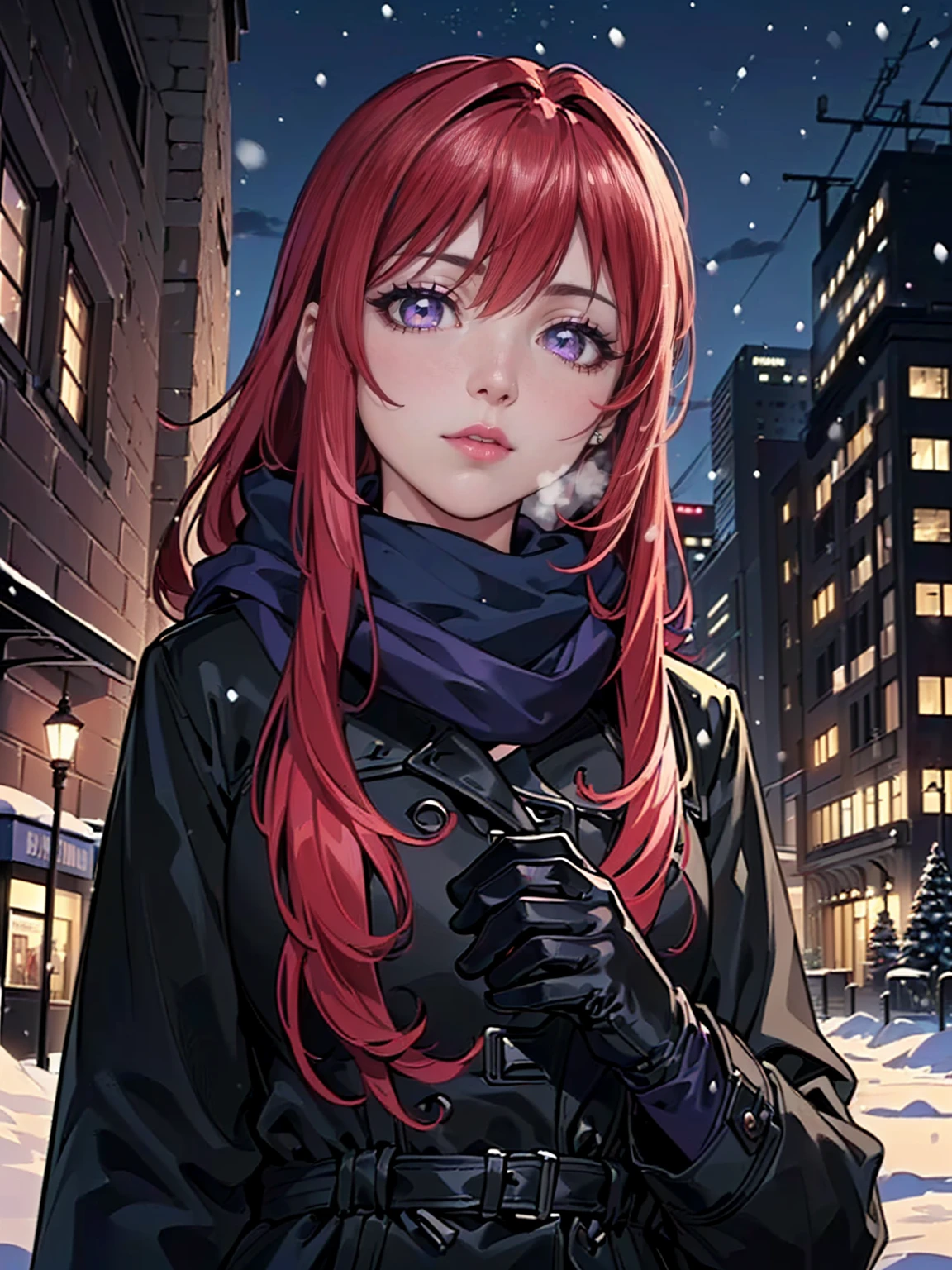 ((1girl, alone, solo, 1woman, TakashiroHiroko, dark purple eyes, red hair, TakashiroHiroko, Extremely detailed, ambient soft lighting, 4k, perfect eyes, a perfect face, perfect lighting, a 1girl)), ((solo, 1woman, Extremely detailed, ambient soft lighting, 4k, perfect eyes, a perfect face, perfect lighting, a 1girl)), (((masterpiece:1.2), (emphasis lines:1.3), blue scarf, (long black coat), black gloves, (outdoors), handheld transceiver, (city), night, cold clothes, winter clothes, blue scarf, snowing))