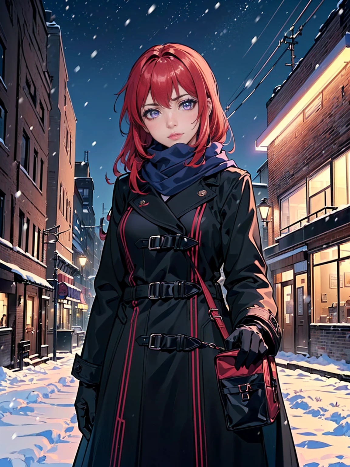 ((1girl, alone, solo, 1woman, TakashiroHiroko, dark purple eyes, red hair, TakashiroHiroko, Extremely detailed, ambient soft lighting, 4k, perfect eyes, a perfect face, perfect lighting, a 1girl)), ((solo, 1woman, Extremely detailed, ambient soft lighting, 4k, perfect eyes, a perfect face, perfect lighting, a 1girl)), (((masterpiece:1.2), (emphasis lines:1.3), blue scarf, (long black coat), black gloves, (outdoors), handheld transceiver, (city), night, cold clothes, winter clothes, blue scarf, snowing))