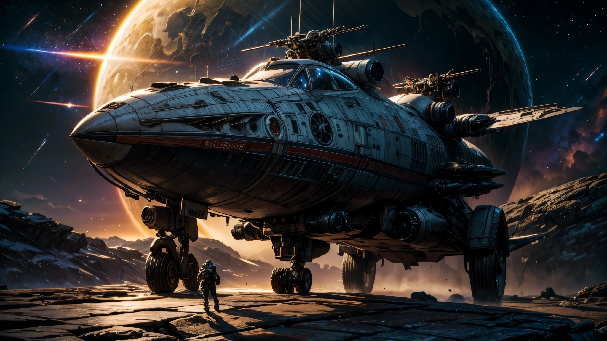 space event, space ship in front of two planets collapsing into it, sharp focus, concept art, very detailed, very realistic, trending on artstation, in the style of star citizen, star wars, overwatch, elite dangerous, beautiful, sci fi, unreal engine, wide shot, highres, 4K, 8k, award winning, high quality, best quality, super detail, high details, ccurate, masterpiece