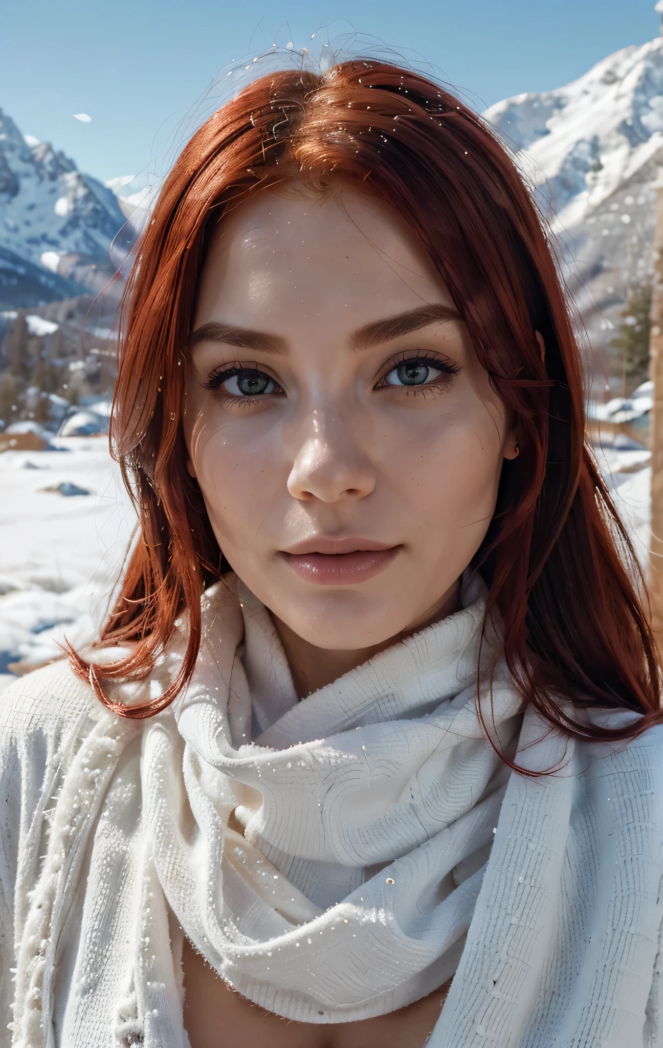 1 woman, ((intense and detailed skin)), ((vibrant red hair)), stunning portrait, best quality, high quality, realistic, masterpiece, majestic snowy mountains, snow-covered peaks, crisp white landscape, winter wonderland, frozen beauty, icy surroundings, serene atmosphere, natural lighting, clear blue sky, atmospheric perspective, detailed clothing, warm attire, cozy outfit, elegant presence, confident expression, tranquil scene, captivating beauty, breathtaking view, vibrant colors, artistically rendered, cinematic style, meticulous attention to detail.