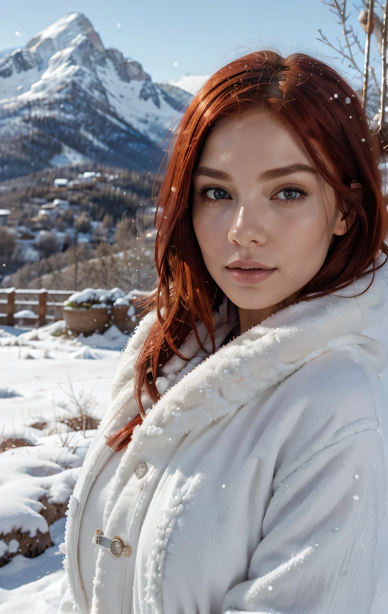 1 woman, ((intense and detailed skin)), ((vibrant red hair)), stunning portrait, best quality, high quality, realistic, masterpiece, majestic snowy mountains, snow-covered peaks, crisp white landscape, winter wonderland, frozen beauty, icy surroundings, serene atmosphere, natural lighting, clear blue sky, atmospheric perspective, detailed clothing, warm attire, cozy outfit, elegant presence, confident expression, tranquil scene, captivating beauty, breathtaking view, vibrant colors, artistically rendered, cinematic style, meticulous attention to detail.