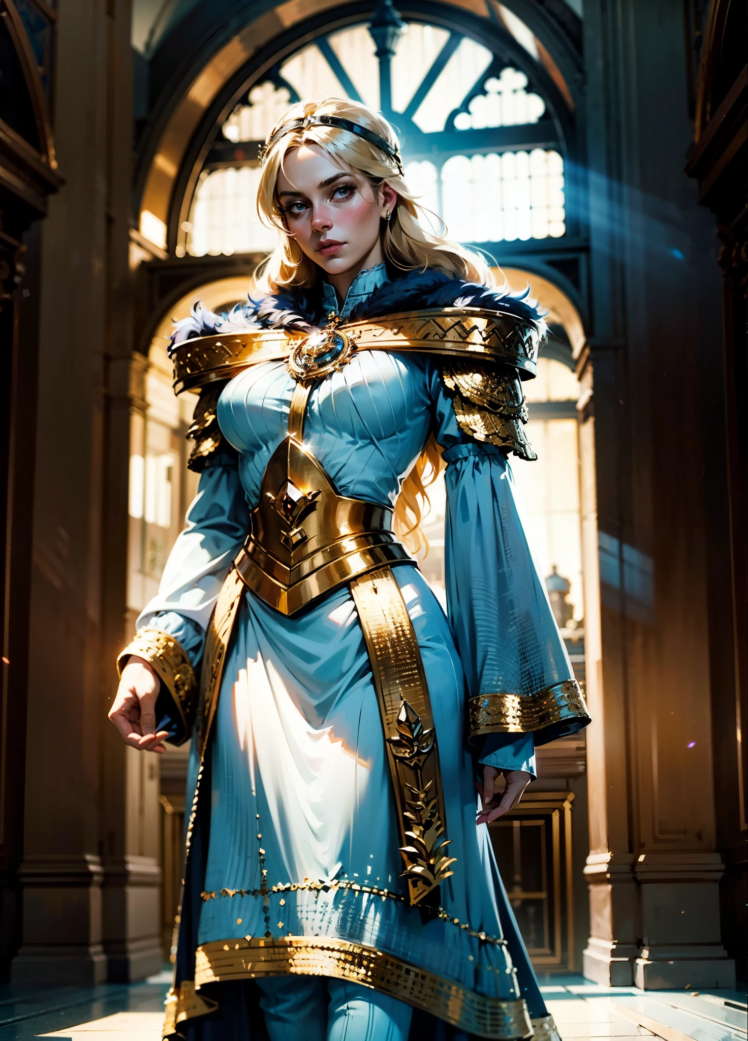 A girl with long golden hair, choppy bangs, Nordic heritage, a petite figure, delicate facial features, pale skin, porcelain skin, an innocent yet determined gaze, she wears an exquisite headband, dressed in a two-piece fantasy-style Slavic royal gown, a fur shawl draped over her shoulders, wide sleeves, a luxurious layered skirt, the background features a fantasy-style royal castle, this character embodies a finely crafted fantasy-style Slavic princess in anime style, exquisite and mature manga art style, high definition, best quality, highres, ultra-detailed, ultra-fine painting, extremely delicate, professional, anatomically correct, symmetrical face, extremely detailed eyes and face, high quality eyes, creativity, RAW photo, UHD, 32k, Natural light, cinematic lighting, masterpiece-anatomy-perfect, masterpiece:1.5