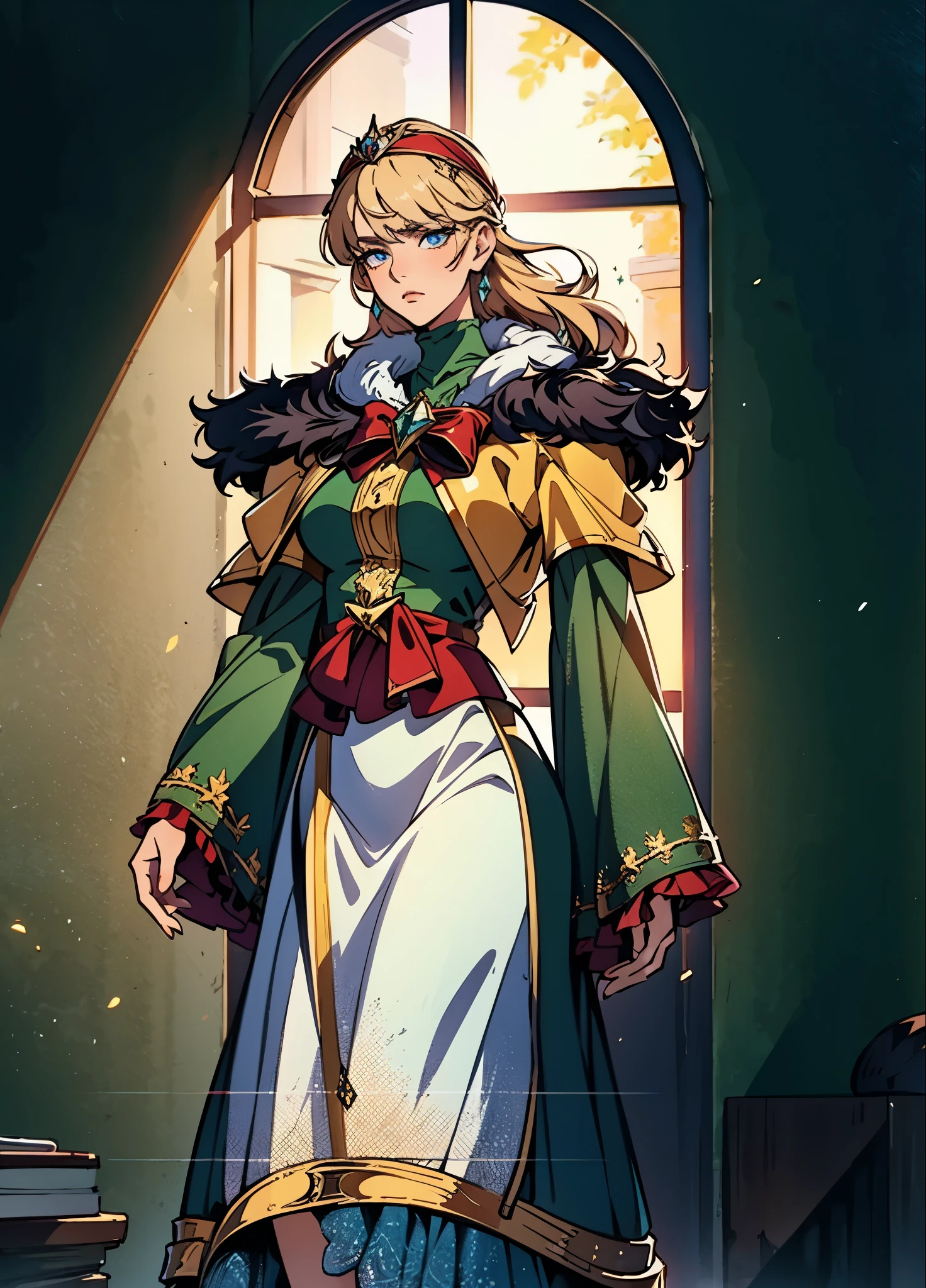 A girl with long golden hair, choppy bangs, Nordic heritage, a petite figure, delicate facial features, pale skin, porcelain skin, an innocent yet determined gaze, she wears an exquisite headband, dressed in a two-piece fantasy-style Slavic royal gown, a fur shawl draped over her shoulders, wide sleeves, a luxurious layered skirt, the background features a fantasy-style royal castle, this character embodies a finely crafted fantasy-style Slavic princess in anime style, exquisite and mature manga art style, high definition, best quality, highres, ultra-detailed, ultra-fine painting, extremely delicate, professional, anatomically correct, symmetrical face, extremely detailed eyes and face, high quality eyes, creativity, RAW photo, UHD, 32k, Natural light, cinematic lighting, masterpiece-anatomy-perfect, masterpiece:1.5