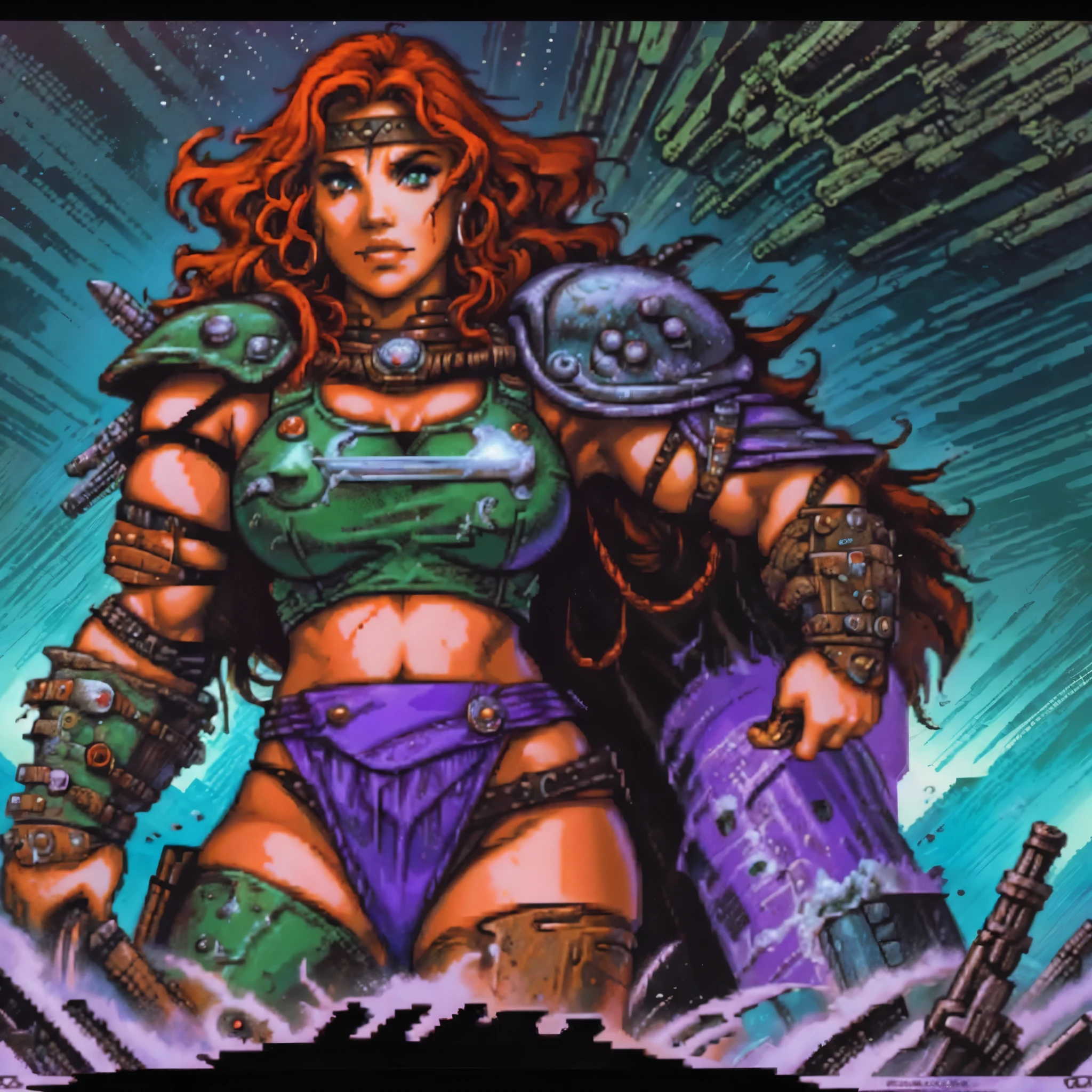 One barbarian girl, red head girl, space-warrior girl, cyborg girl, beautiful bbw girl, chubby girl, woman-warrior, whole body, nude body, Perfect skin, space background, blood rain, dark fantasy, Linsner style, Science fiction, 80s, 16-bit game, VHS era, planet in space background, purple lightning, psychedelic color background, smog, fog, swamp, girl in swamp, mad max style, vhs tape cover