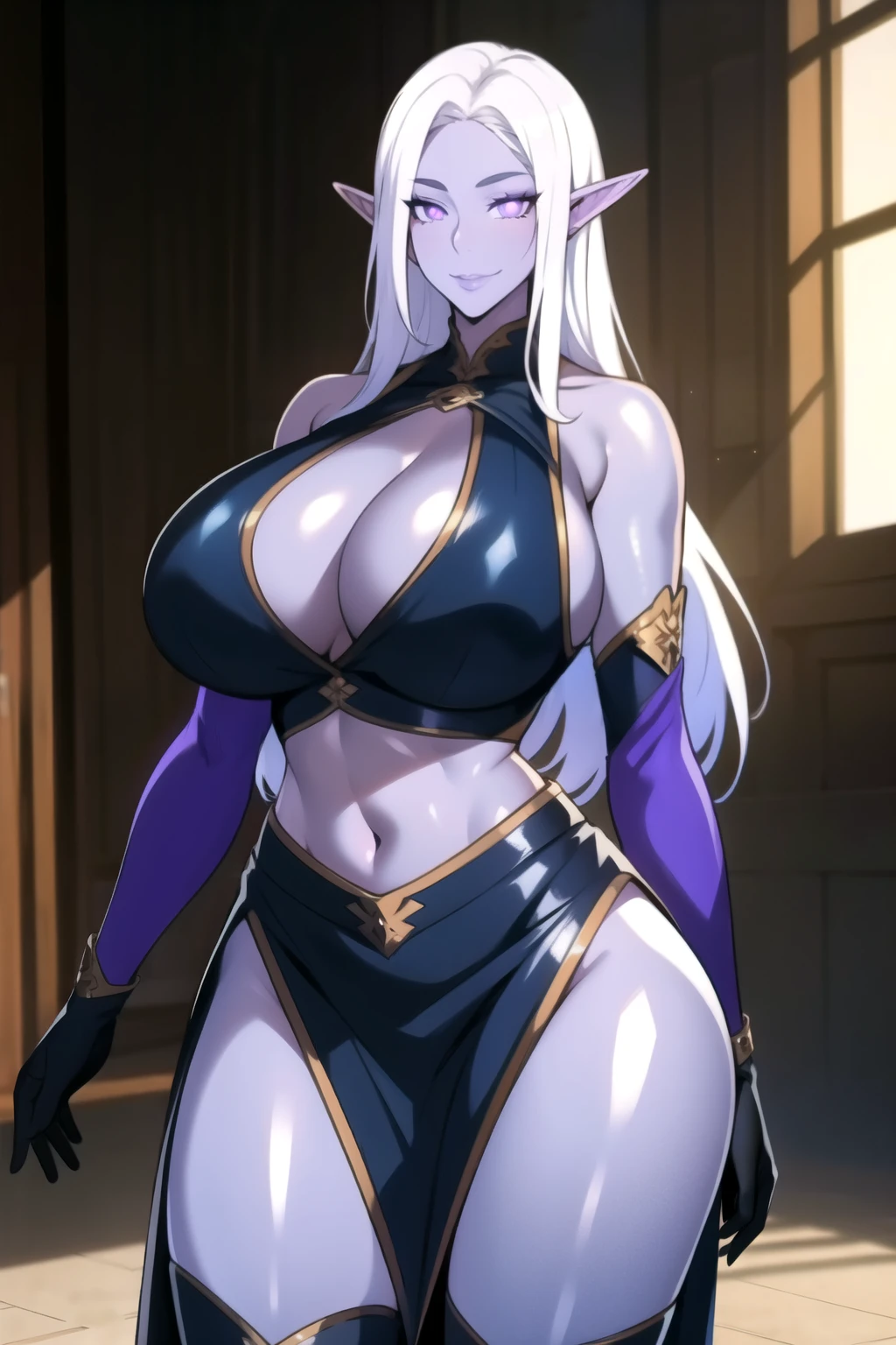 masterpiece, best quality, absurdres, 8k, perfect shadows,perfect lighting,hdr, cowboy shot,shiny skin,skindentation, beautiful body, kafka, ((white hair: 1.4)), long hair, (violet eyes: 1.4), (crop top, underboob, elbow gloves, thigh boots, split skirt, bare shoulders, curvy, midriff, curvy, thighs, higheels, shiny clothes), complex detailed background, inside, luxury palace) (gigantic breasts,hourglass body, thin waist,very slim waist)extremely detailed face,detailed eye makeup, detail face, nice detailed eyes,nice hands, perfect hands (realistic pupils,realistic iris:1) heavy eye makeup,glowing eyes, Bright eyes,standing,standing at attention,(seductive smile), gigantic breasts, curvy, cowboy shot, (( blue skin: 1.1)), long elf ears