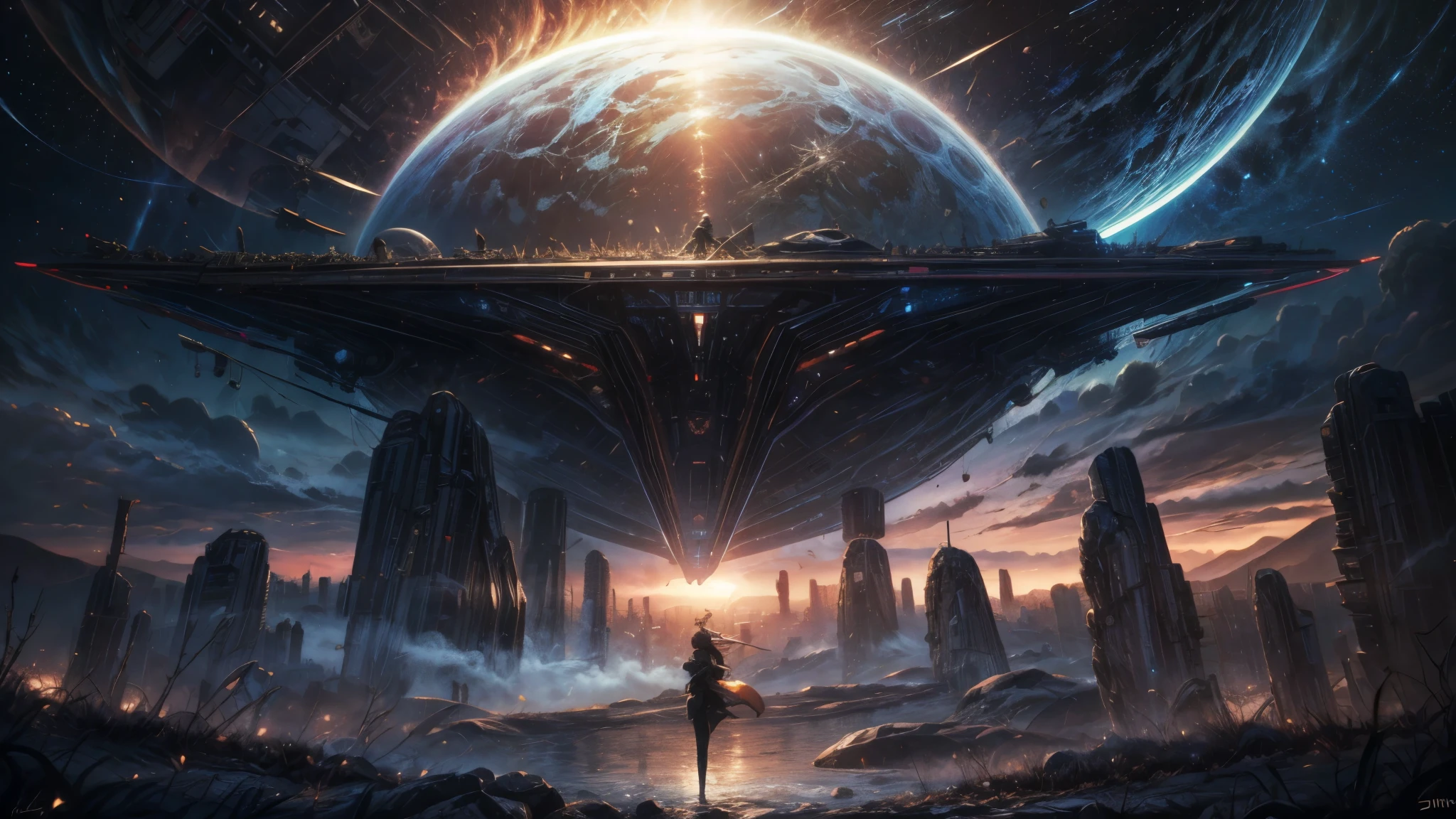  space event, space ship in front of two planets collapsing into it, sharp focus, concept art, very detailed, very realistic, trending on artstation, in the style of star citizen, star wars, overwatch, elite dangerous, beautiful, sci fi, unreal engine, wide shot, highres, 4K, 8k, award winning, high quality, best quality, super detail, high details, ccurate, masterpiece